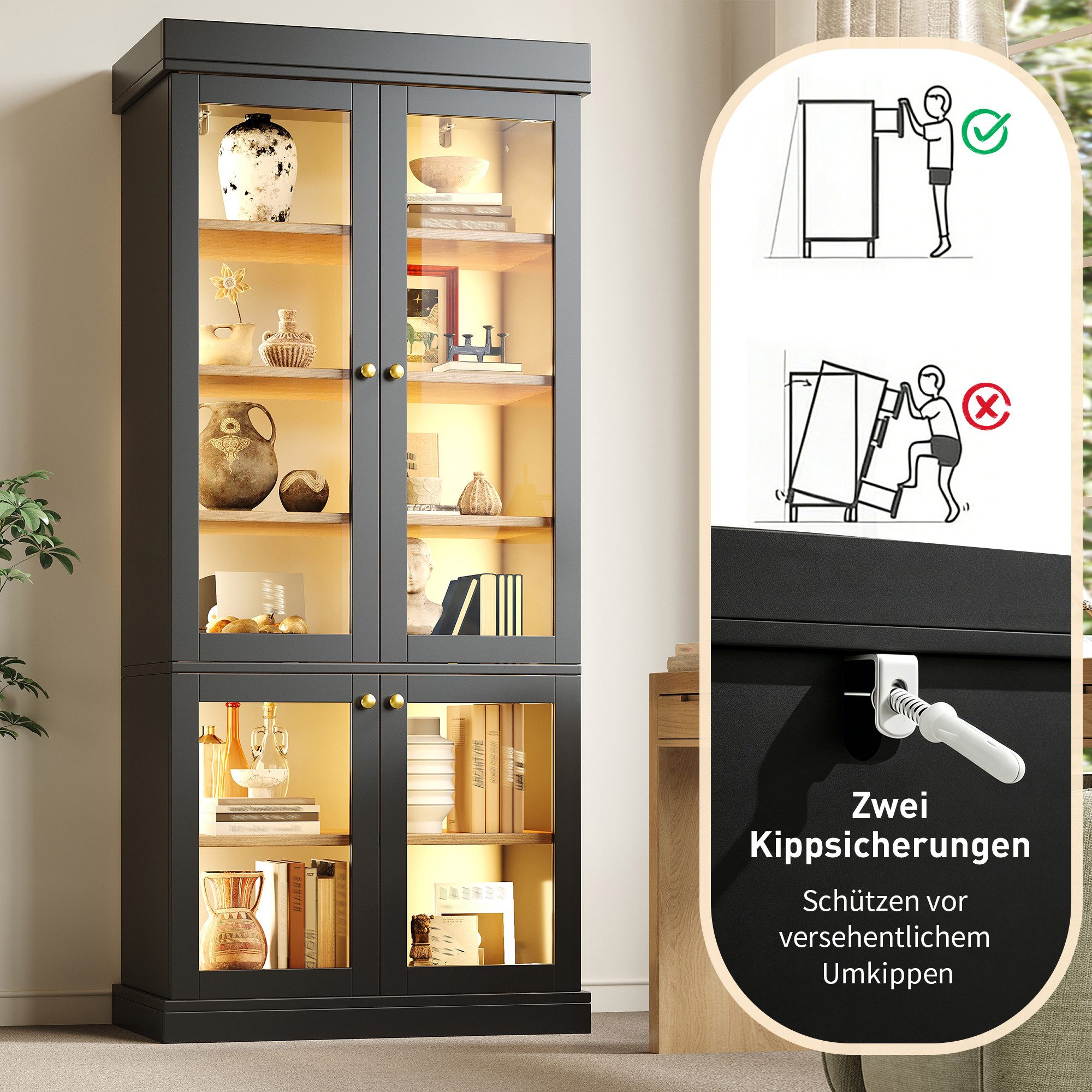 Celya Vitrine Moderner Standhochschrank mit integrierter LED-Stimmungsbeleuchtung (Glasvitrine, durchdachter Innenaufteilung und Kippschutz) stabil, sicher und vielseitig für Zuhause