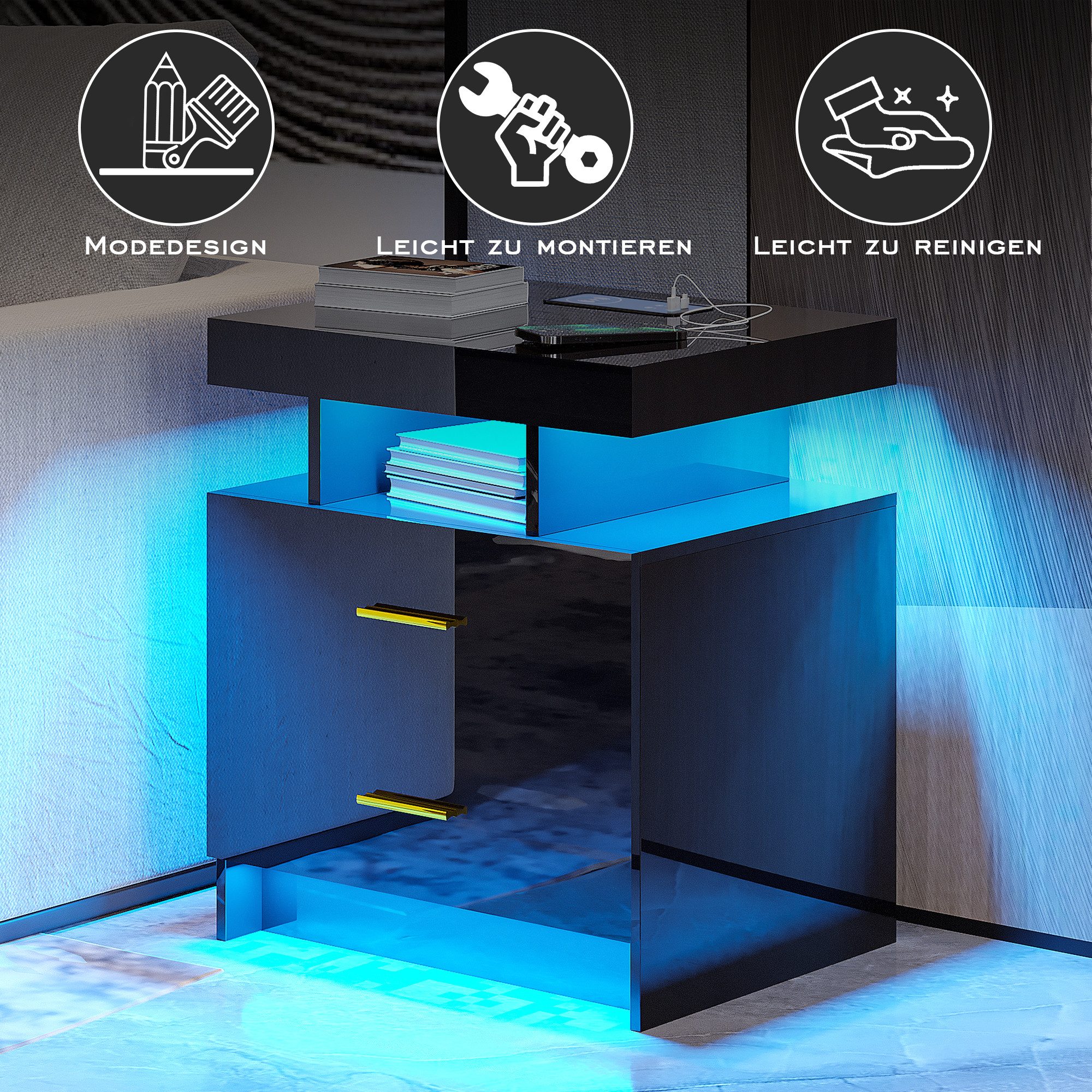 LVifur Nachttisch mit LED-Licht und Sensor, 2 Schubladen, USB&Type-C, kabelloses Laden (1-St), 3 Farben Dimmbares Licht, 40T x 50B x 58H cm, Hochglanz Schwarz