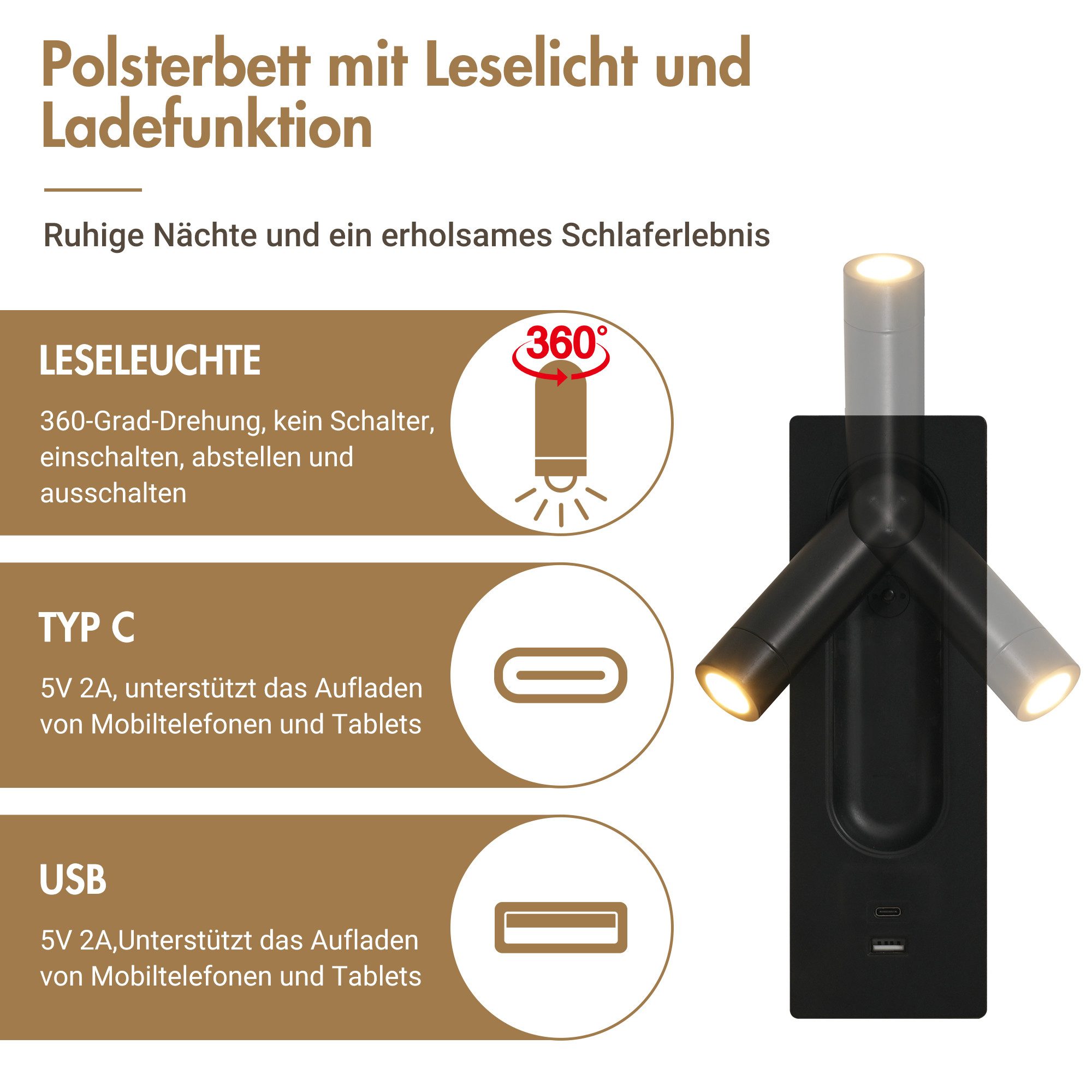 Celya Polsterbett mit Stauraum und 2 integr. Nachttische (inkl. Lattenrost, ohne Matratze, mit 2 Leselampen, USB und Type-C Ladeport)
