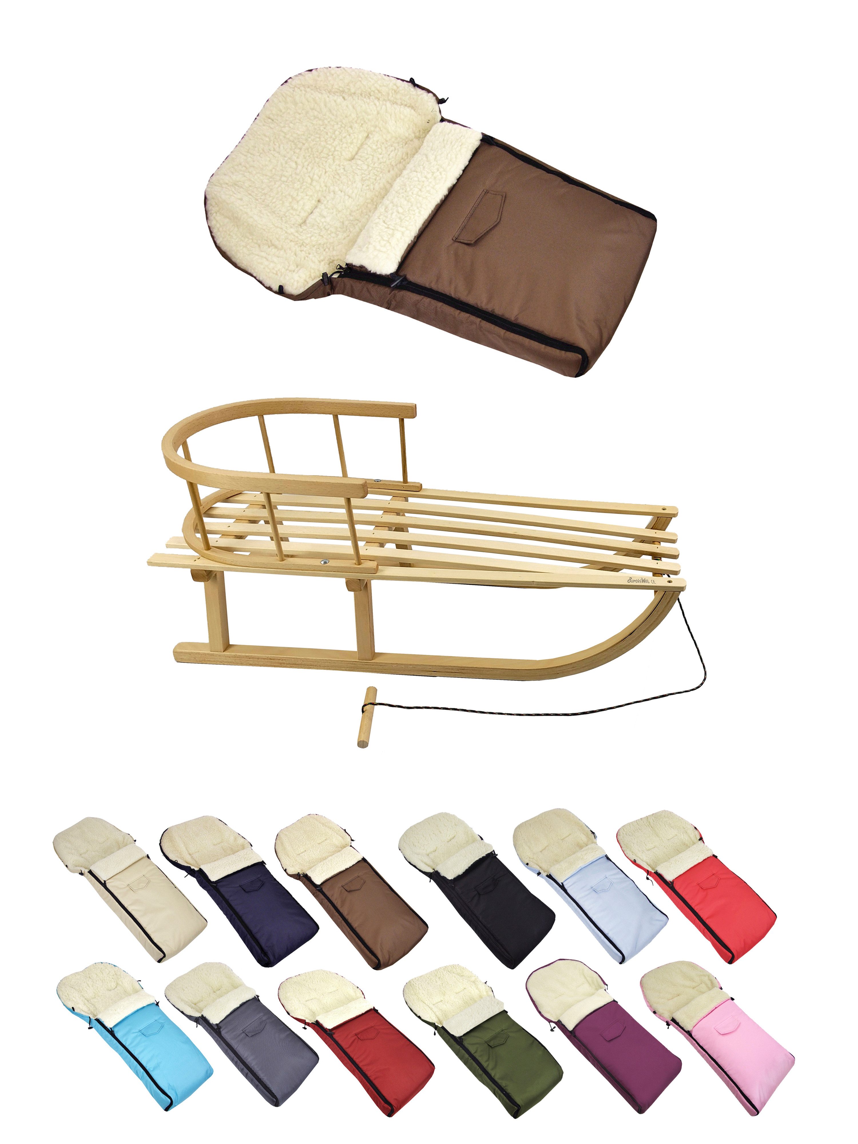 BambiniWelt by Rafael K. Санки CE-HOLZSCHLITTEN mit Rückenlehne Zugleine + WINTERFUßSACK Wolle 90cm, Kombi-Angebot