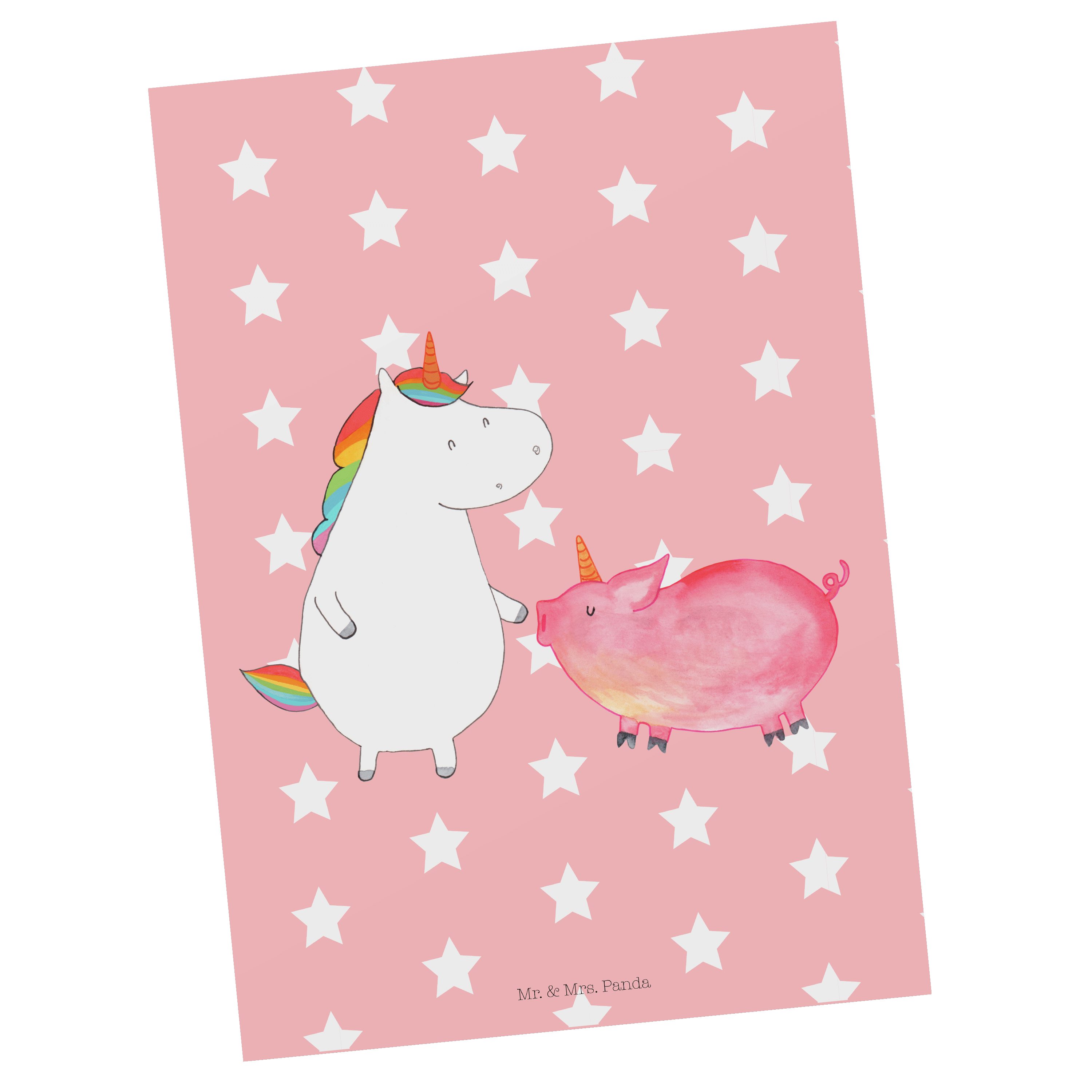 Mr. & Mrs. Panda Postkarte Einhorn + Schweinhorn - Rot Pastell - Geschenk, Dankeskarte, Ansichts