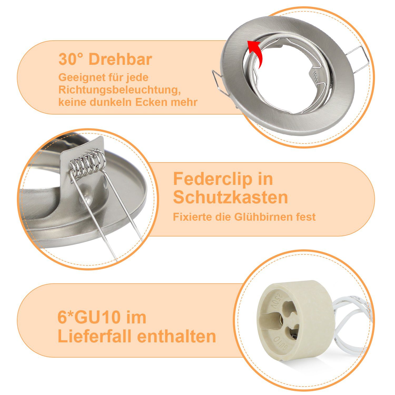 Glitzerlife 6er Einbaurahmen GU10 Set - Weiß Einbaustrahler Mit Sockel Lochdurchmesser 50mm Einbauspots Rund Metall Schwenkbar 30° Für LED Leuchtmittel Halogen_voghion.com
