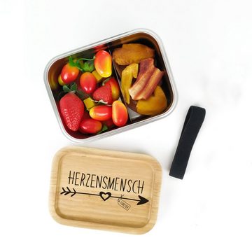 Lasernauten Lunchbox Lunchbox Edelstahl "Herzensmensch" Brotdose mit Holzdeckel Bambus, Lunchbox mit Holzdeckel