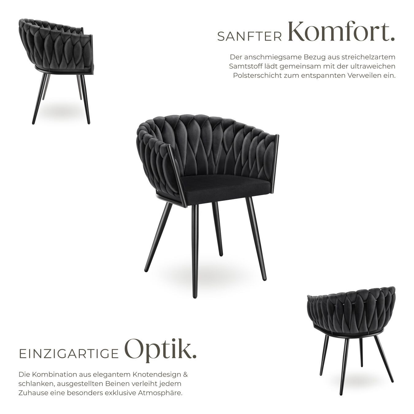 tectake Esszimmerstuhl Küchenstuhl Astano, Belastbarkeit 120 kg, schwarz (Set, 2 St), Extra feiner Samtbezug für ein superweiches Sitzerlebnis