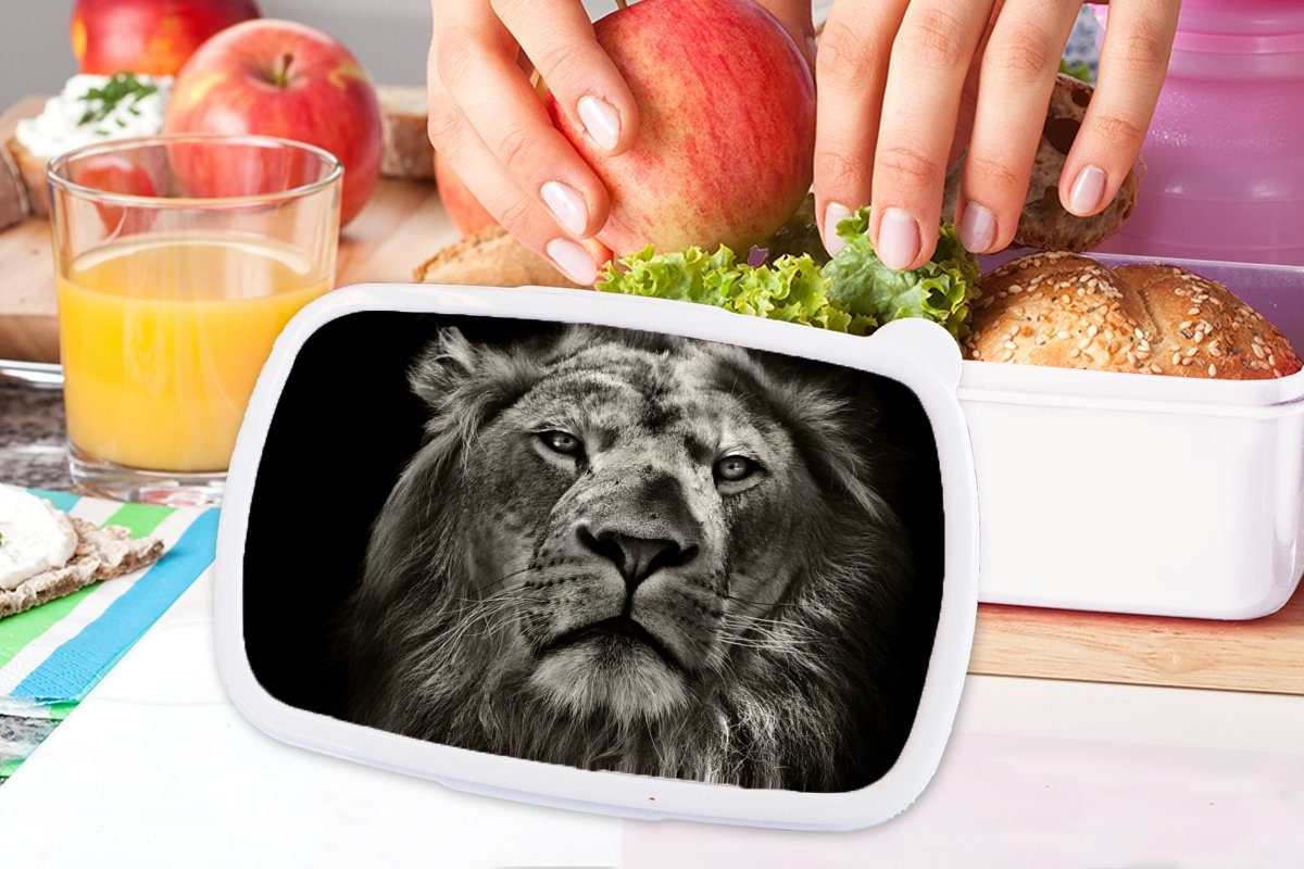 Wildtiere - Mädchen für Lunchbox - Löwe weiß, für Erwachsene, und Brotbox Schwarz Kunststoff, MuchoWow - Porträt Brotdose, Kinder Jungs - Tiere und und (2-tlg),