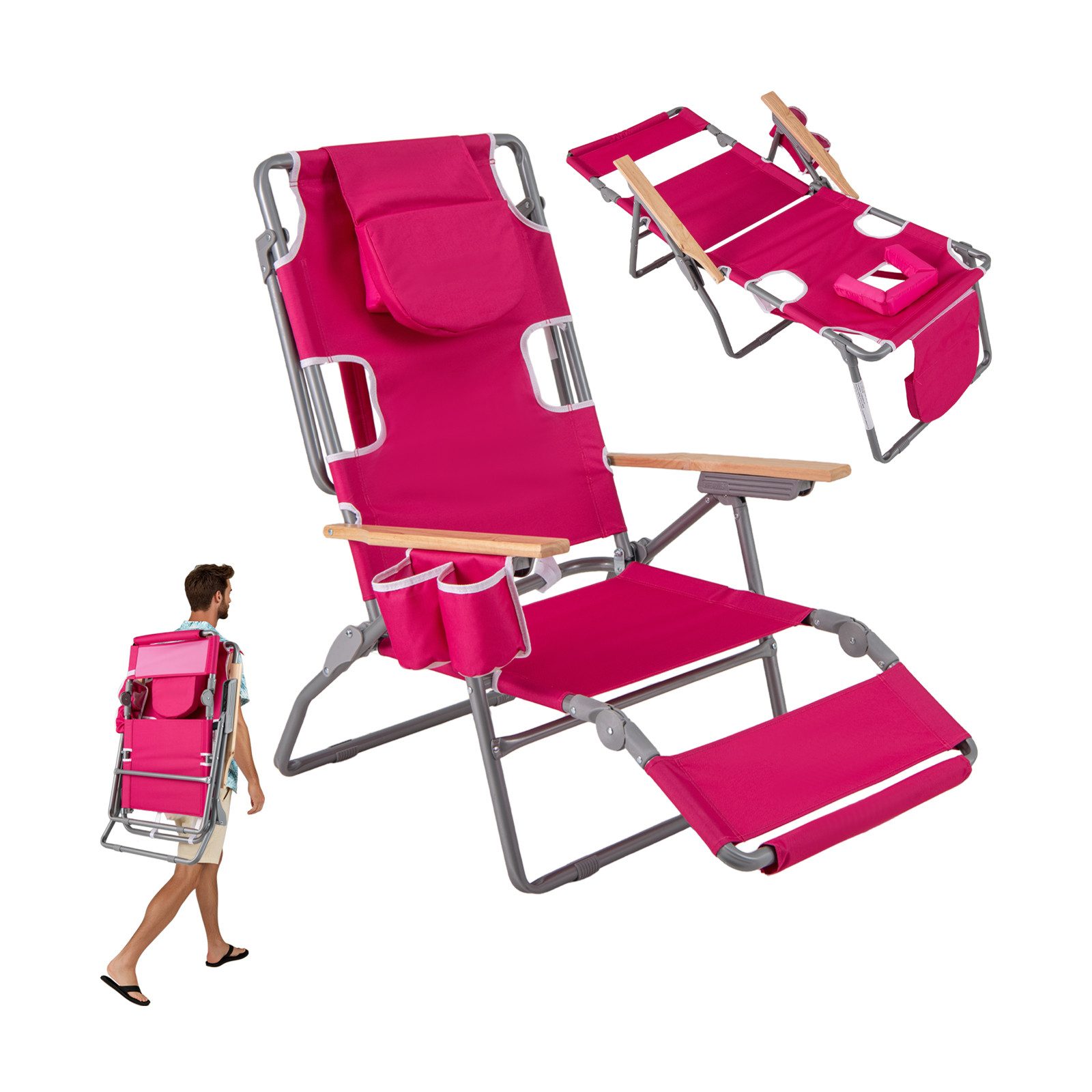 KOMFOTTEU Campingstuhl, 3-in-1Strandliegestuhl mit Fußstütze