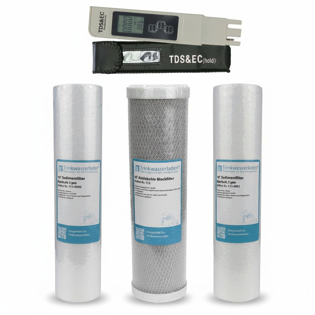 Trinkwasserladen Filtereinsatz, Filterset 10" 3-teilig + Wassertester TDS/EC - Umkehrosmose
