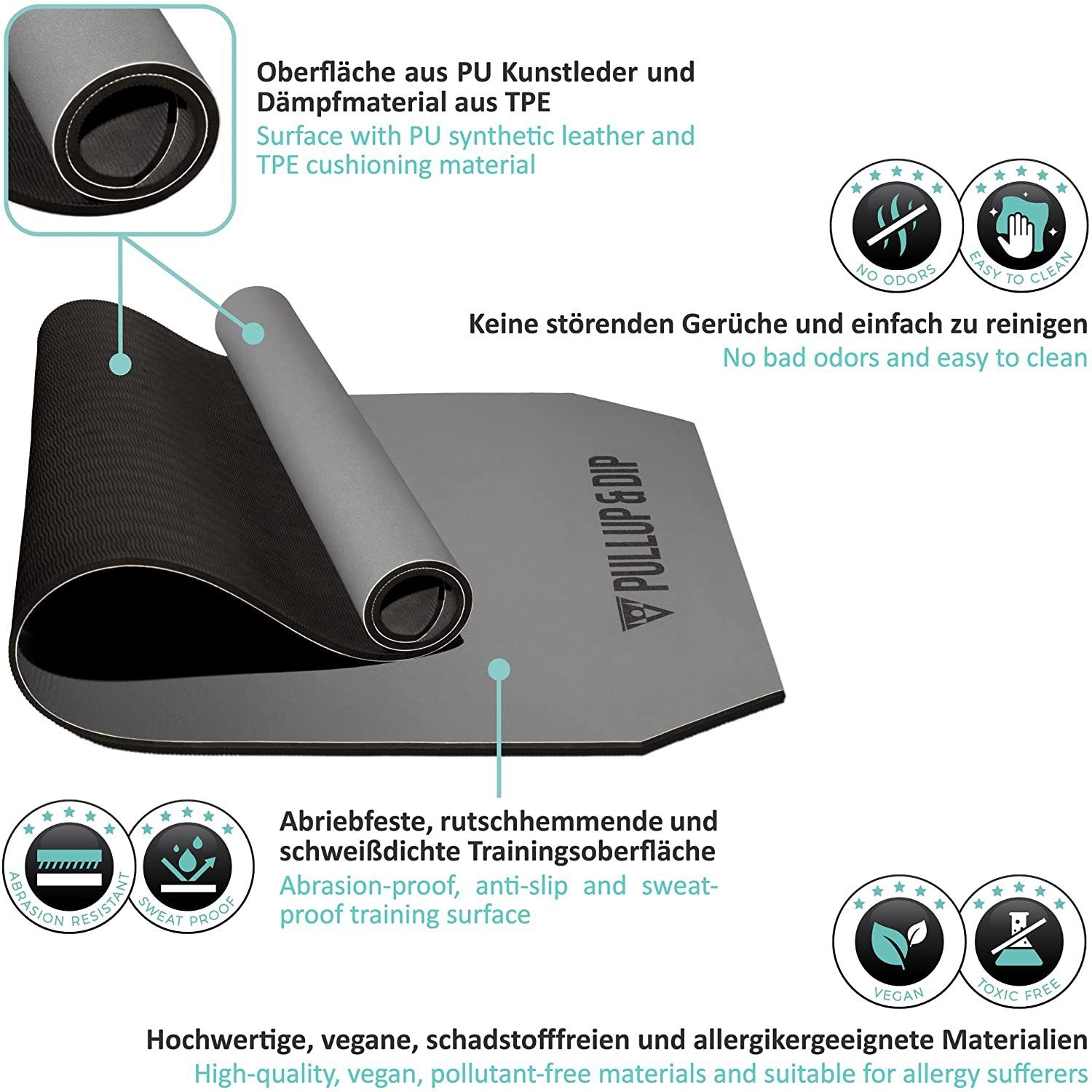 Pullup & Dip Fitnessmatte PULLUP & DIP Fitnessmatte mit Halteband 183 x 68 x 0,8 cm (1-St), Zweischichtige Gymnastikmatte