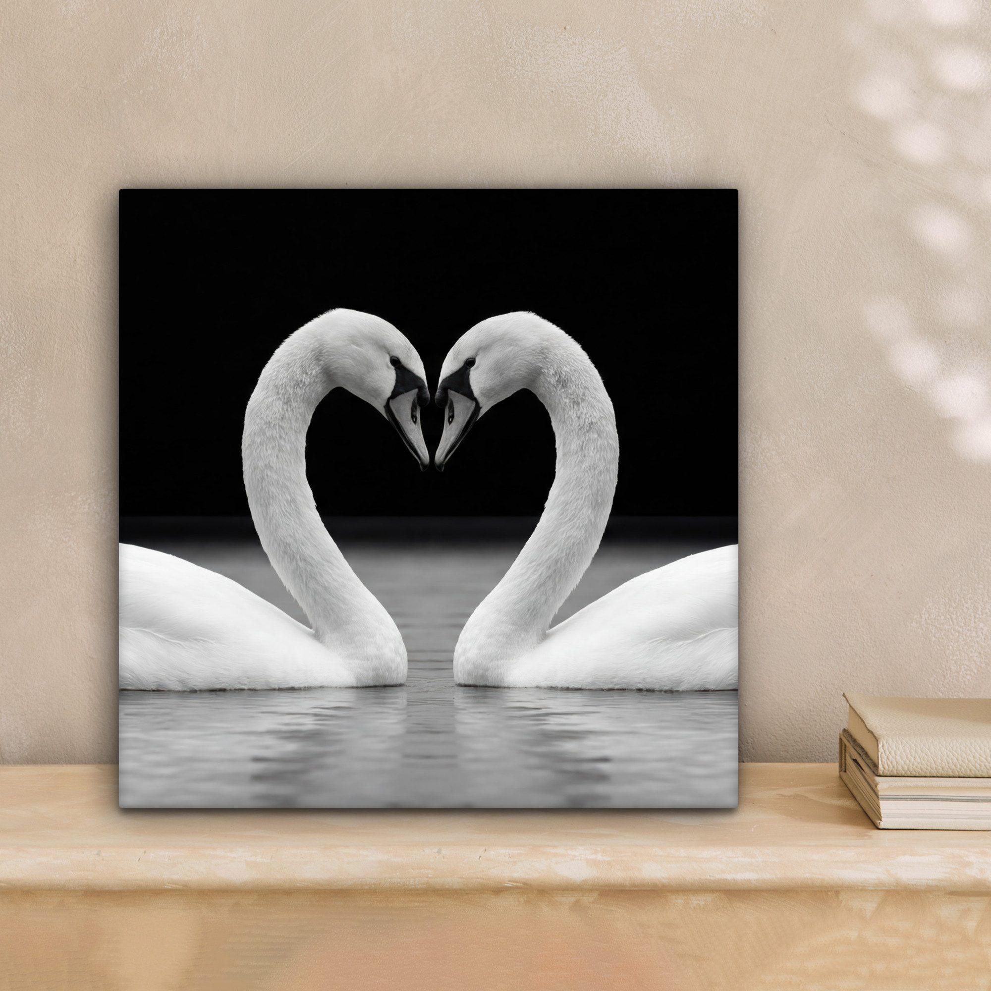OneMillionCanvasses® Leinwandbild Schwäne - Herz - Schwarz - Weiß, Fotodruck (1 St), Wandbild, Deko Schlafzimmer Wohnzimmer Flur 20x20 cm
