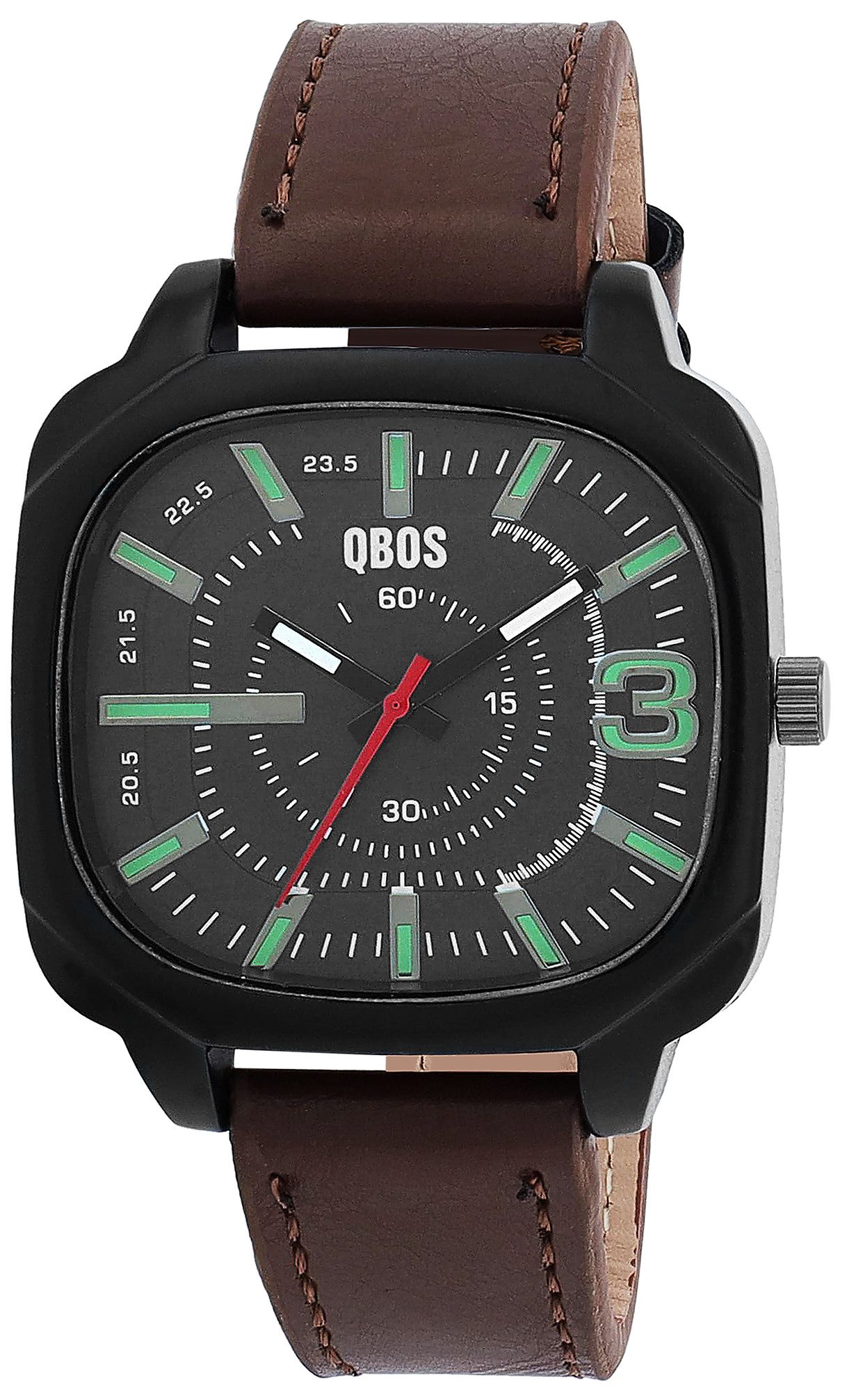 QBOS Quarzuhr 2900278 Lederimitat Armband, Metall, schwarzes Gehäuse