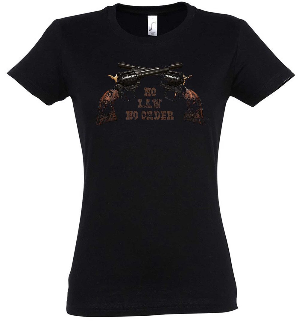 Urban Backwoods Print-Shirt No Law No Order Damen T-Shirt Cowboy Gunslinger Revolverheld Western (1-tlg) Saloon Sheriff Cowgirl Rodeo