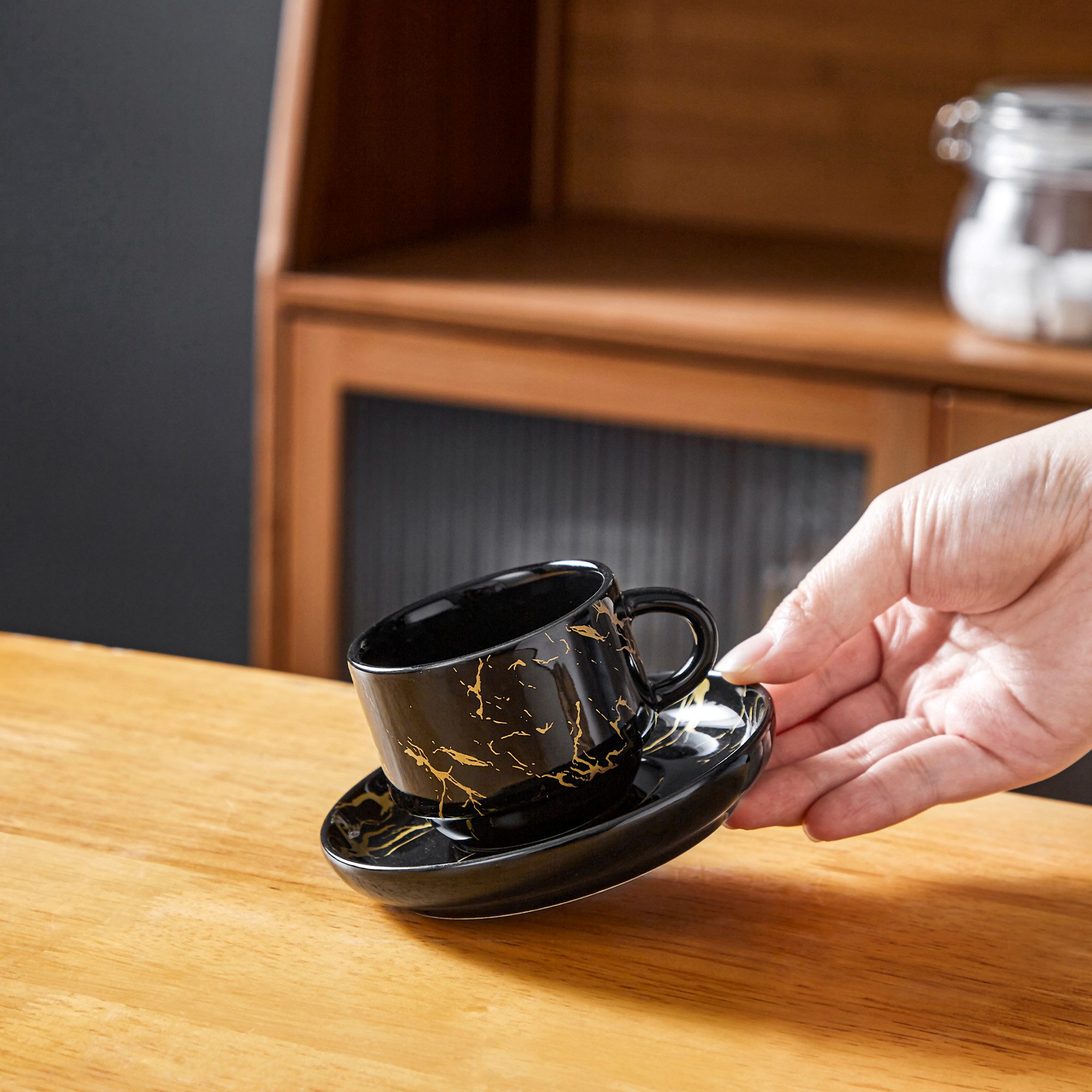 MALACASA Kaffeeservice Porzellan Espressotasse, Metallständer, Weiß/Schwarz/Marmor (6-tlg), 6 Personen, Porzellan – Bild 4 von 5
