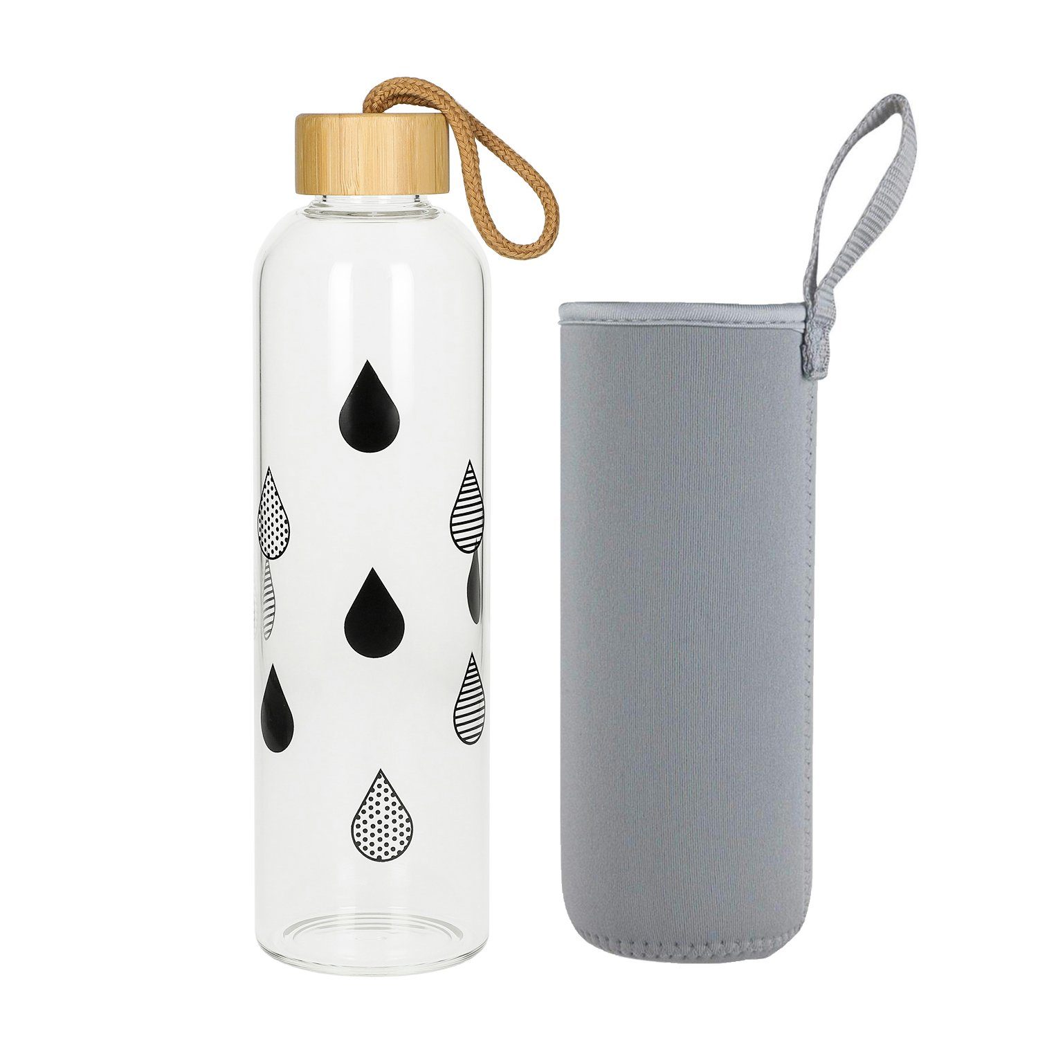 elasto Trinkflasche 1 L Wasserflasche Bamboo Glasflsache inklusive Neoprentasche, Sportflasche, Für Unterwegs, Bottle, Schule und Arbeit, Kautschukhülle