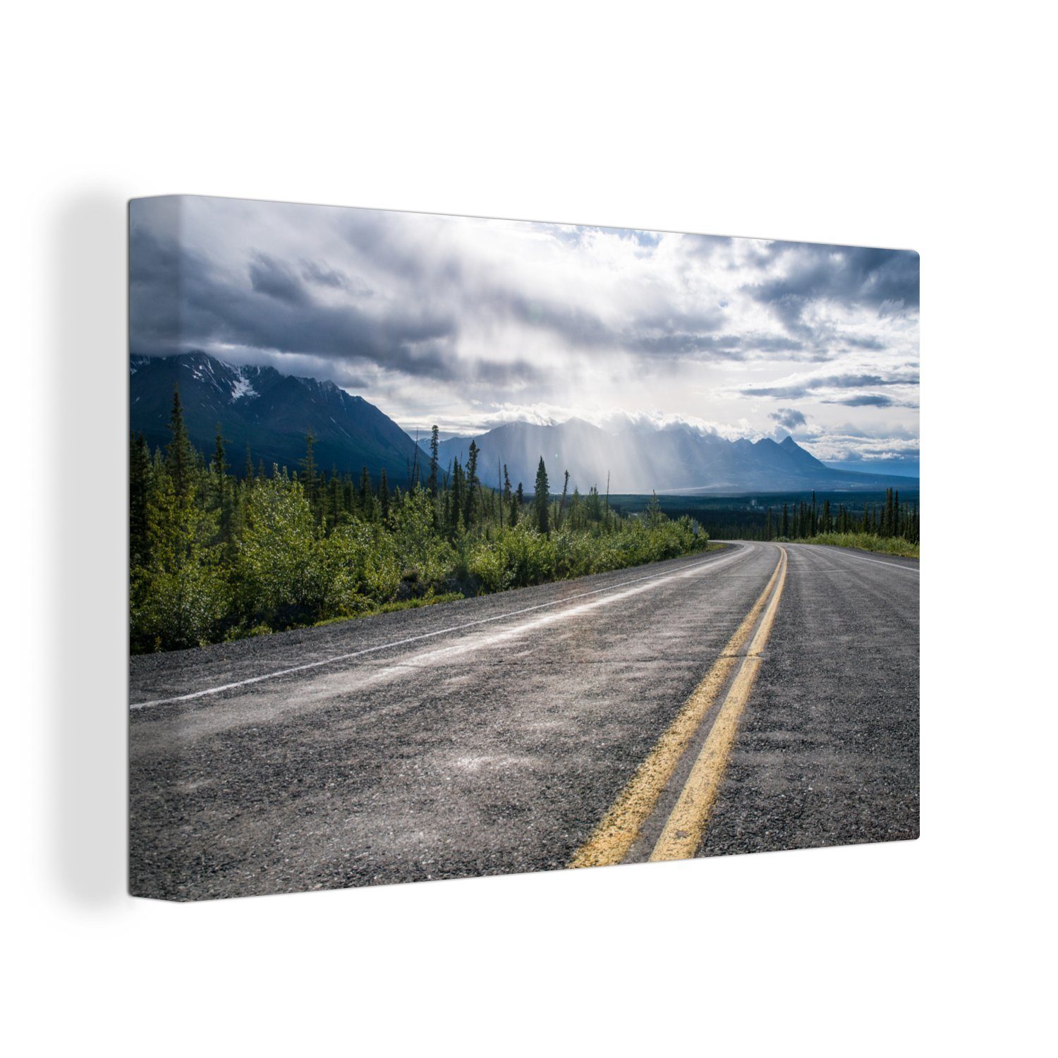 OneMillionCanvasses® Leinwandbild Eine Straße führt durch den Kluane National Park in Kanada, (1 St), Wandbild Leinwandbilder, Aufhängefertig, Wanddeko, 30x20 cm