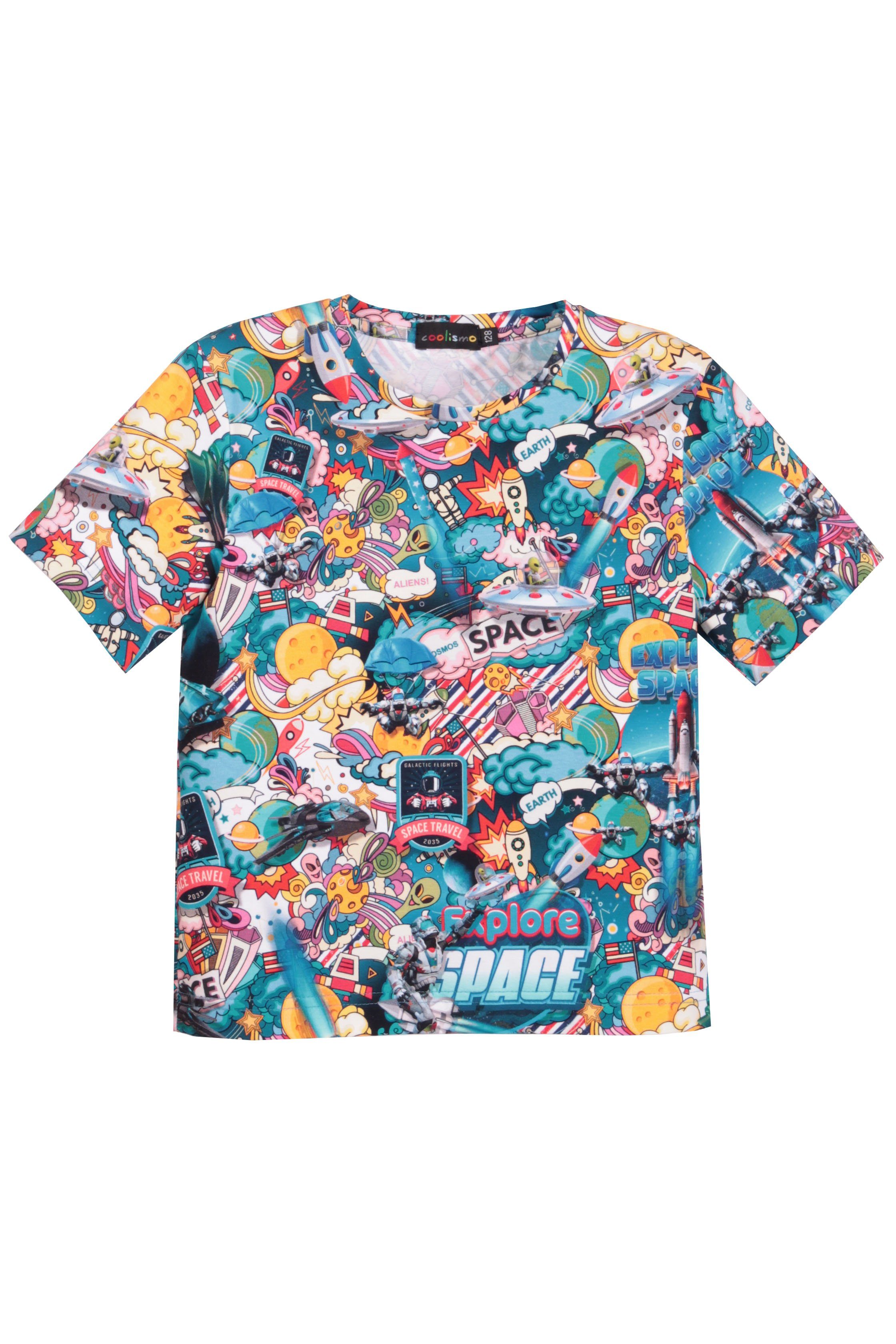 Rundhalsauschnitt, Comic-Raketen-Motiv coolismo mit für T-Shirt Alloverprint, Print-Shirt Jungen Baumwolle