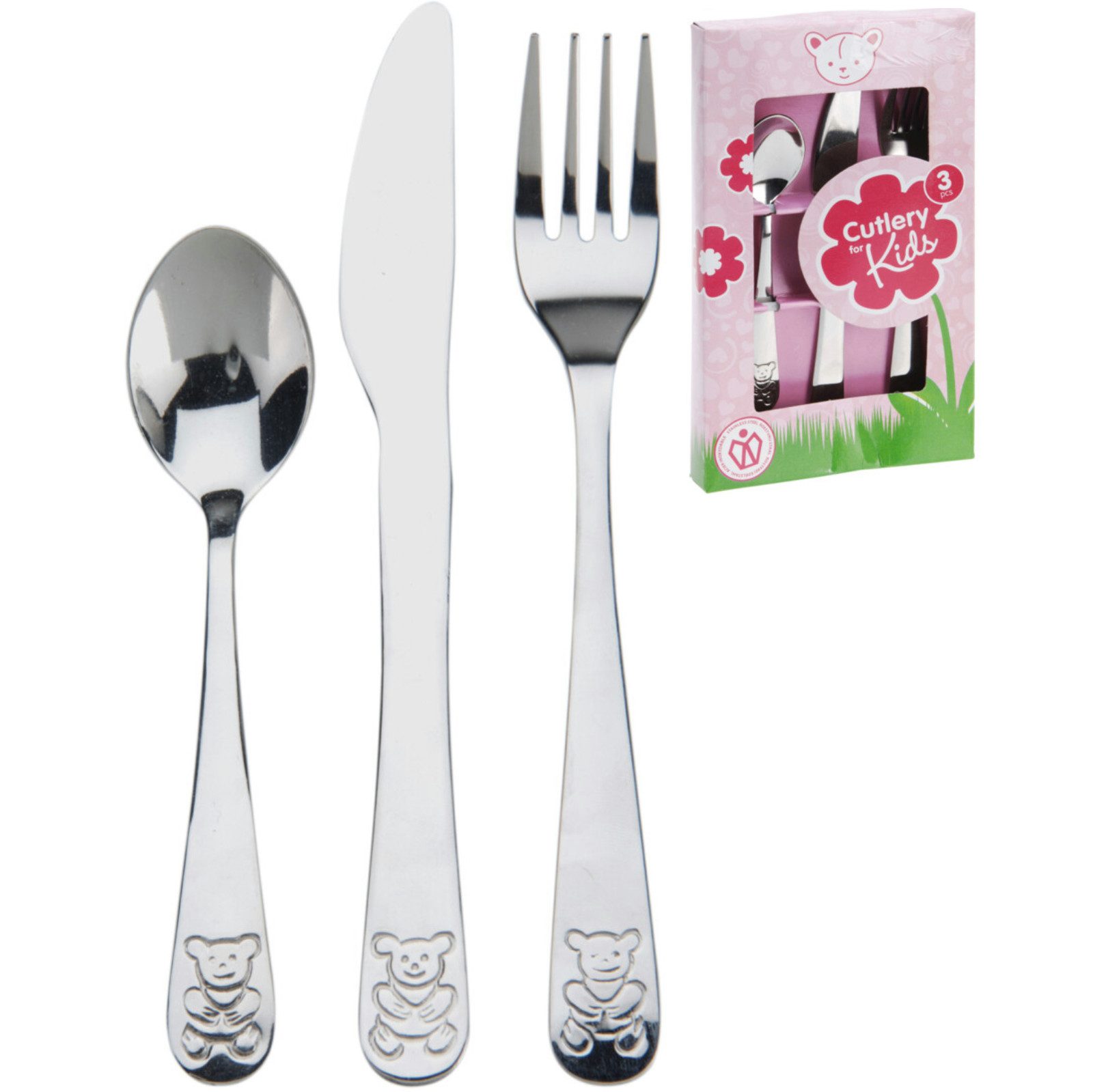Koopman Kinderbesteck Besteck Kindergabel Kindermesser Kinderlöffel Edelstahl Stumpf 3tlg (3-tlg), Edelstahl, Verpackung Rosa, Lernbesteck, Rostfrei, Anti-Schneid Funktion