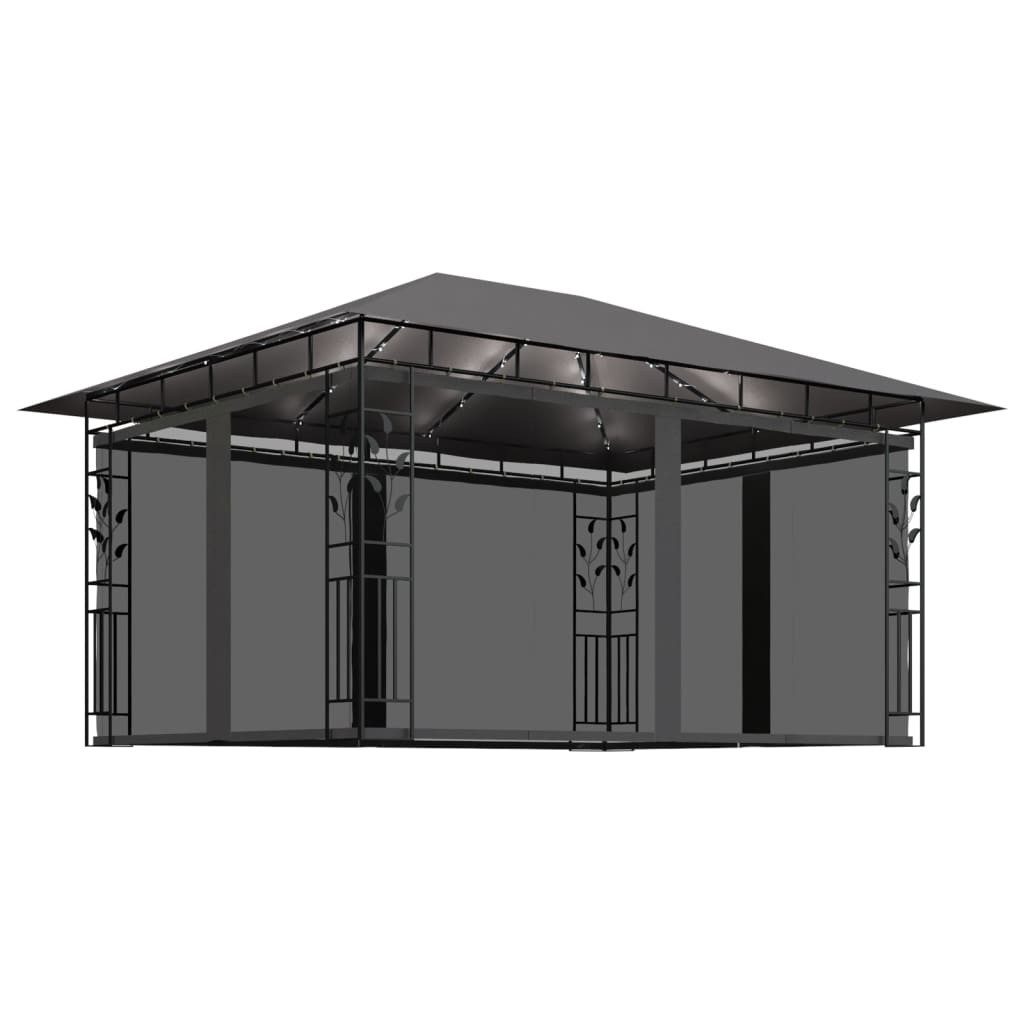 Pavillon Pavillon Gartenzelt mit Moskitonetz LED-Lichterkette 4x3x2,73m Anthra