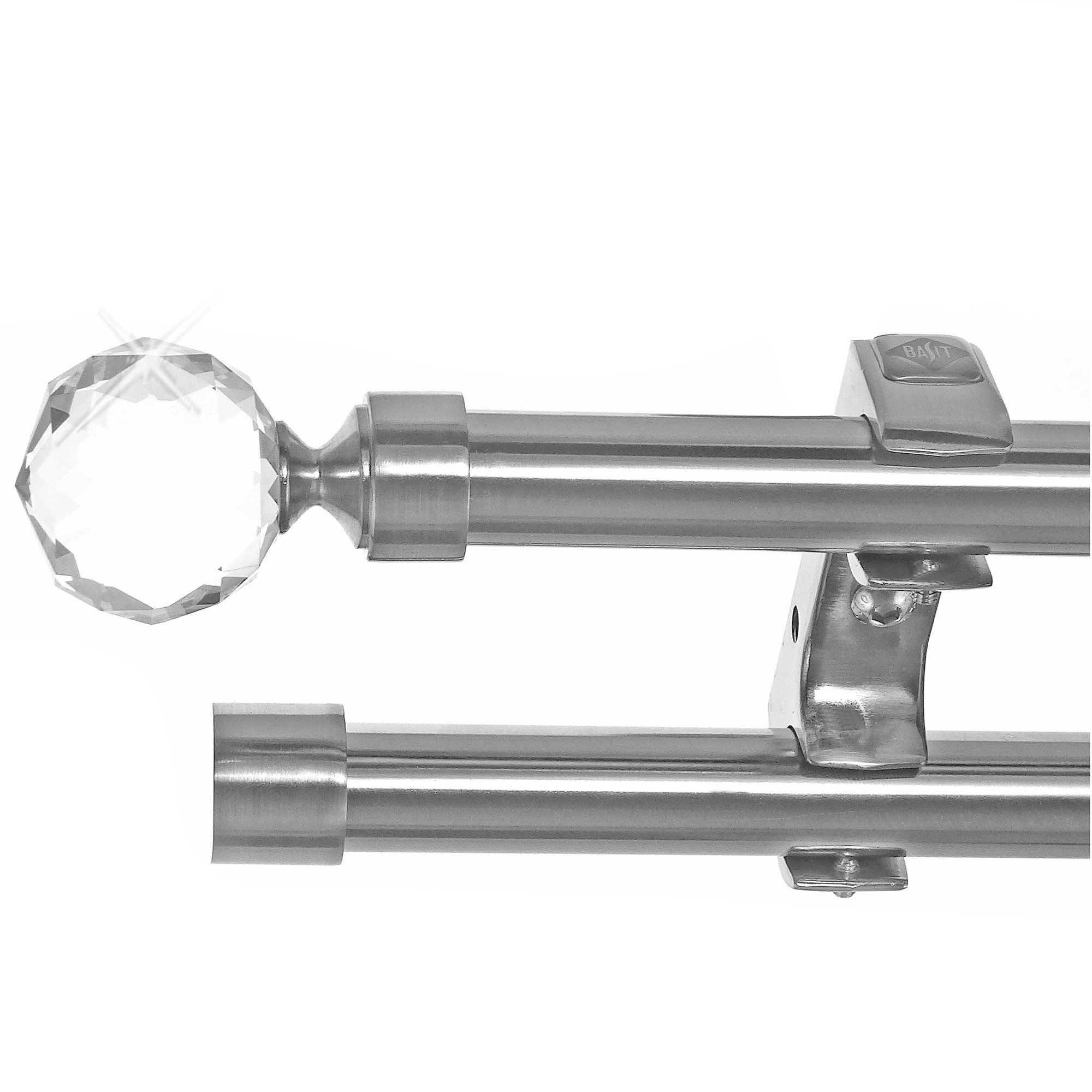 BASIT Gardinenstange Edelstahloptik 20mm mit Deckenträgern 360 cm E87, Ø 20 mm, 2-läufig, verschraubt, Metall, D60RR 360 cm E87 Kristall Kugel