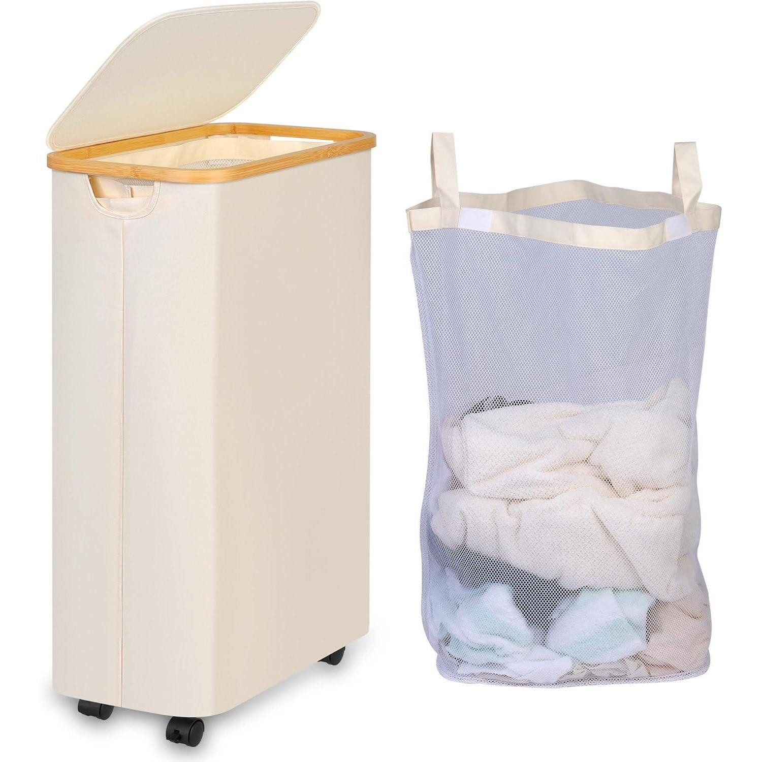 LuxusKollektion Wäschekorb Wäschekorb Wäschesammler Innentasche Deckel 75L mit Rädern Beige