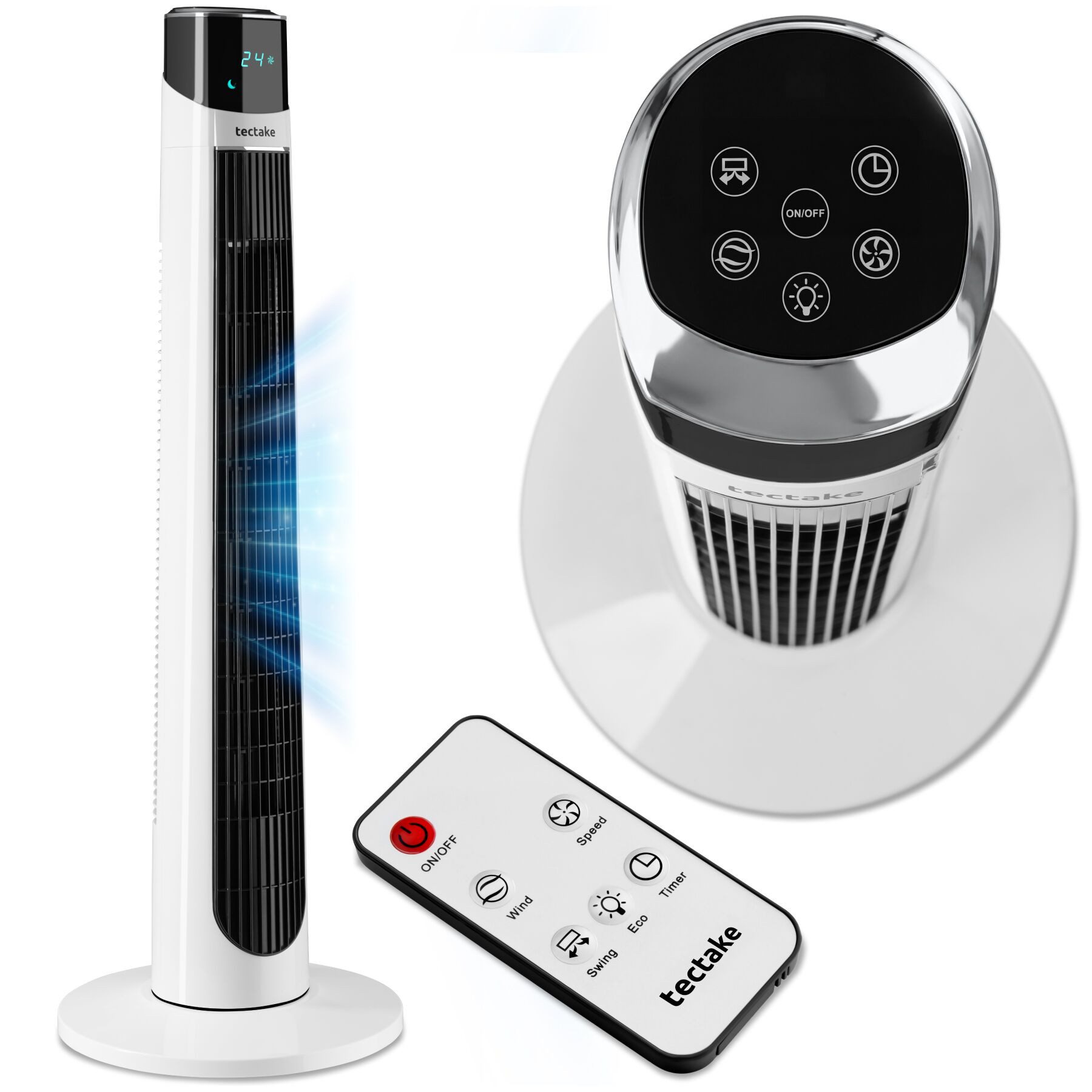 tectake Turmventilator Standlüfter Arktis in weiß, leise, energiesparend, Inkl., 90° Schwenkfunktion, 3 Modi, inkl. Timer, Touchpanel und LED-Display