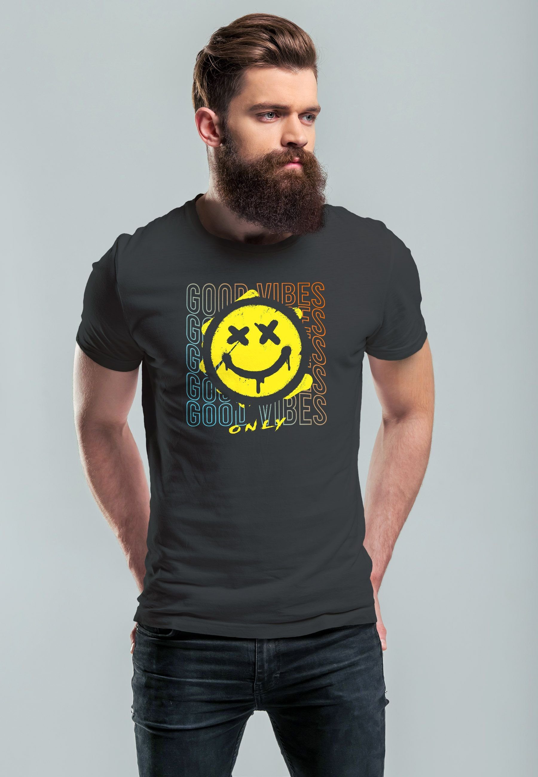 Neverless Print-Shirt Herren Aufdruck Smiling Good Vibes T-Shirt Teachwe anthrazit Print Print Bedruckt Face mit