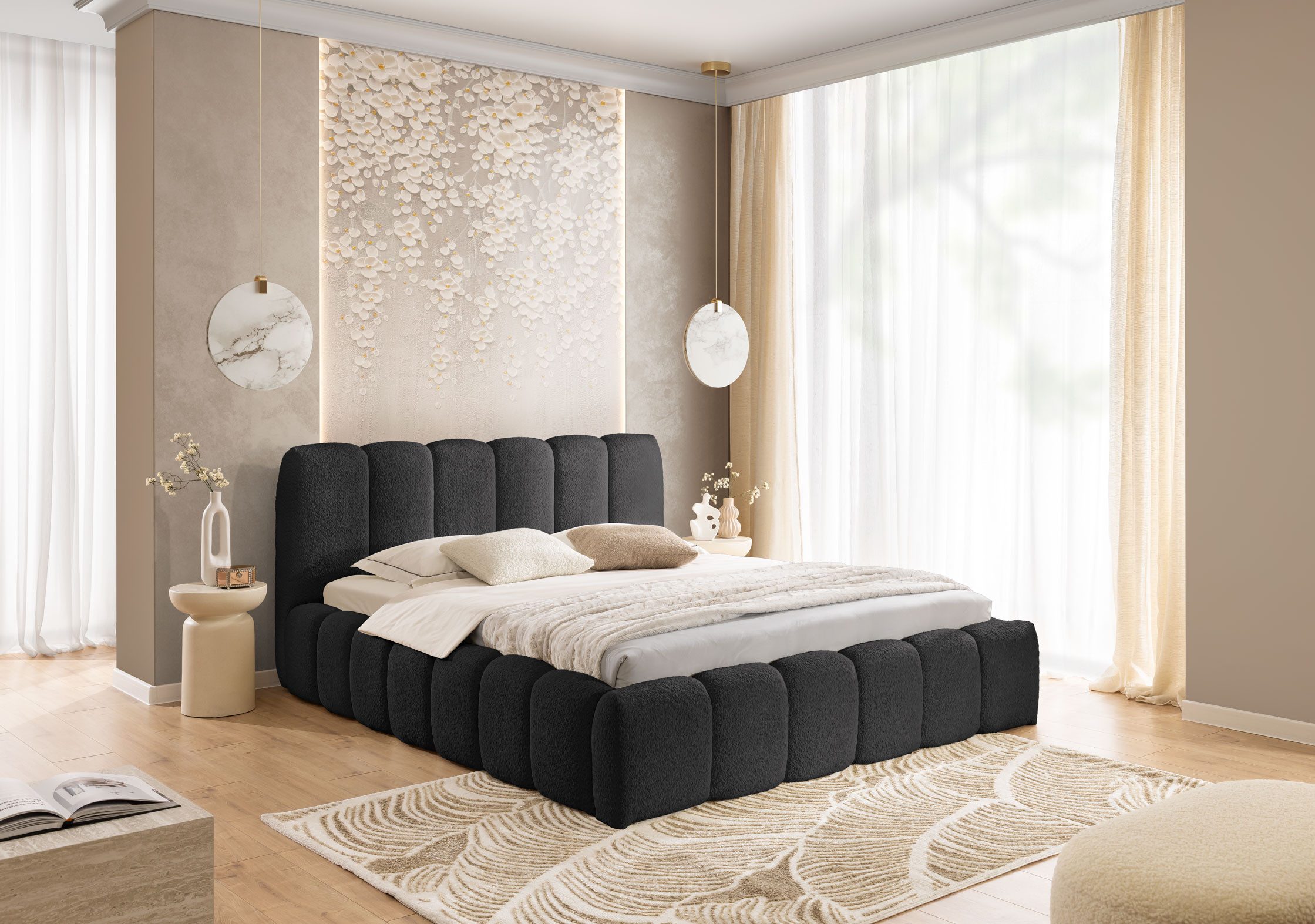 yourhouse24 Polsterbett MICANDI aus Bouclé inkl. Metallrahmen – Wolkenbett mit Bettkasten, Voluminöses Rillen-Design mit Gasdruckfedern & riesigem Stauraum