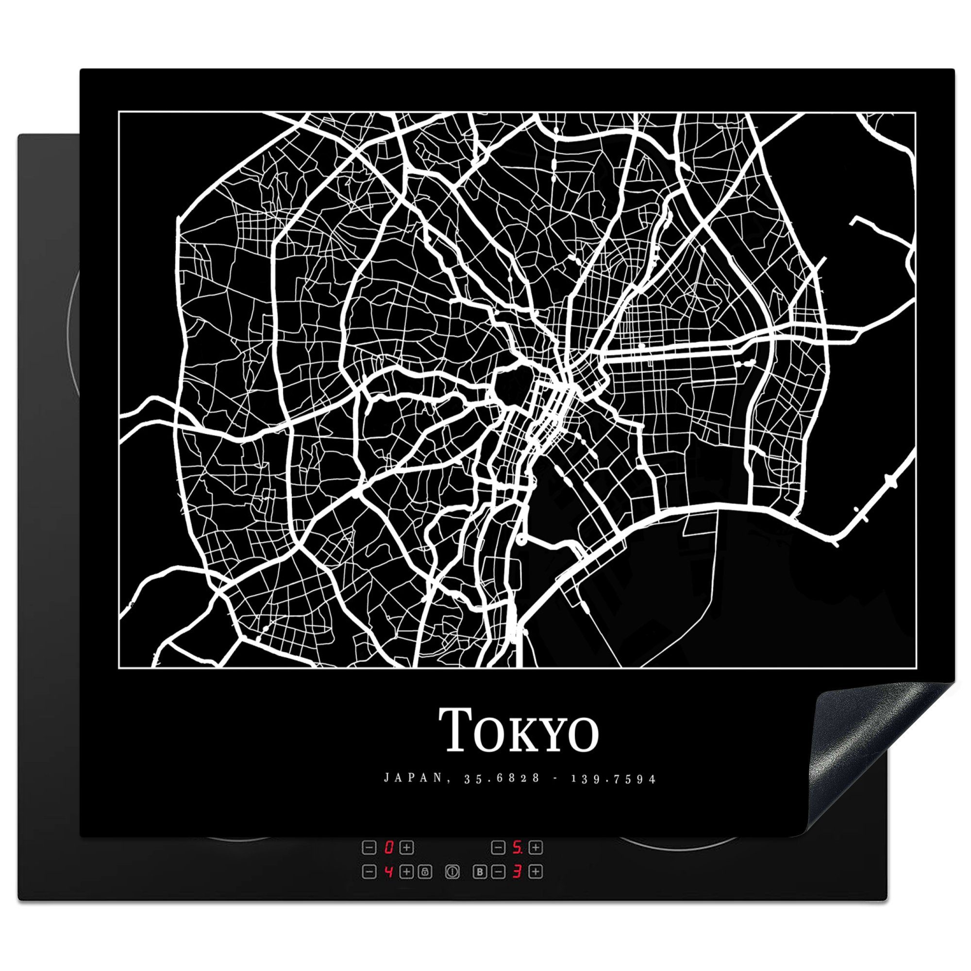 MuchoWow Herdblende-/Abdeckplatte Karte - Tokio - Stadtplan - Karte, Vinyl, (1 tlg), 59x51 cm, Induktionsschutz, Induktionskochfeld, Ceranfeldabdeckung