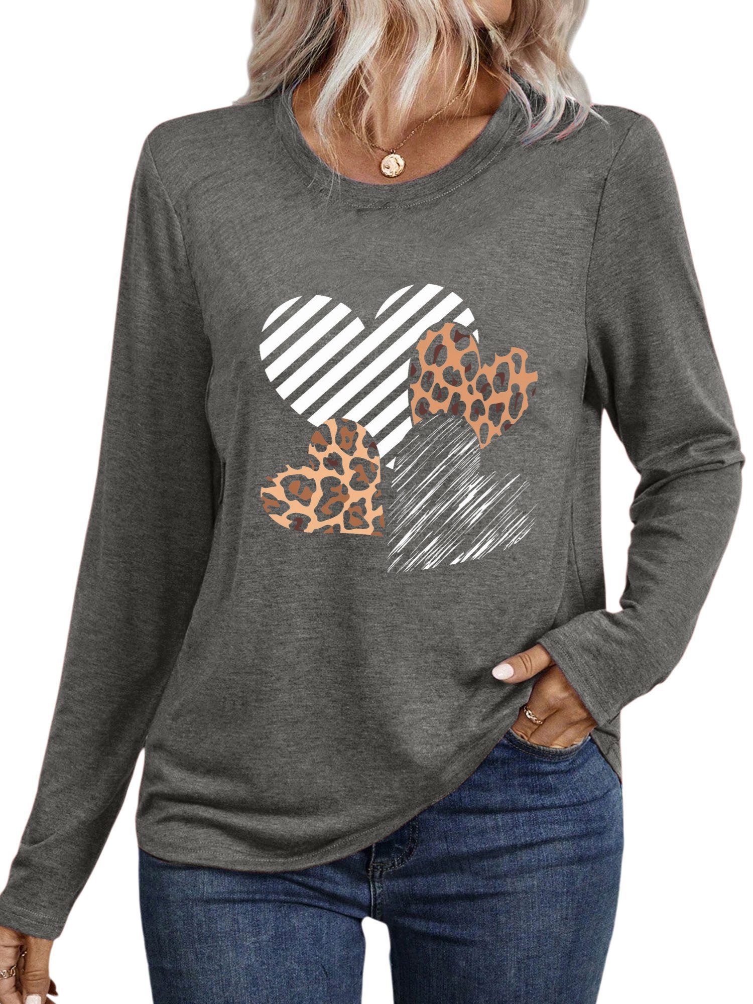 PYLIKE Longsleeve Shirts Damen Casual Graffiti-Herz Ausgefallene bequemes Langarmshirt Geeignet für den täglichen Gebrauch im Büro und zu Hause