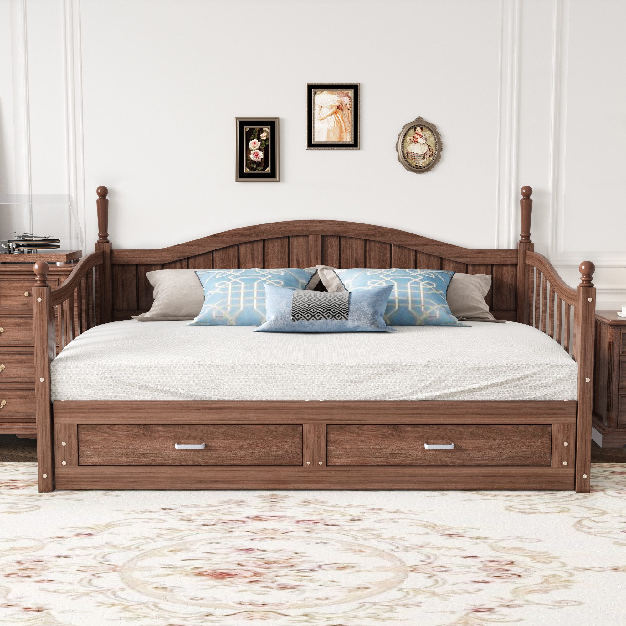 Flieks Daybett, Holzbett Kinderbett mit Ausziehbett 90/180x190cm 2 Schubladen