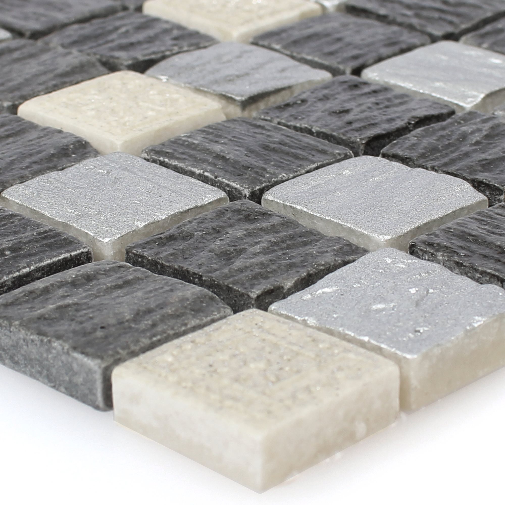Mosafil Mosaikfliesen Glasmosaik Natursteinfliesen Colicos Grau Schwarz Silber, Resin-Glas 30.000x30.000, schwarz-grau-silber, Verlegefertig auf ein Netz geklebt
