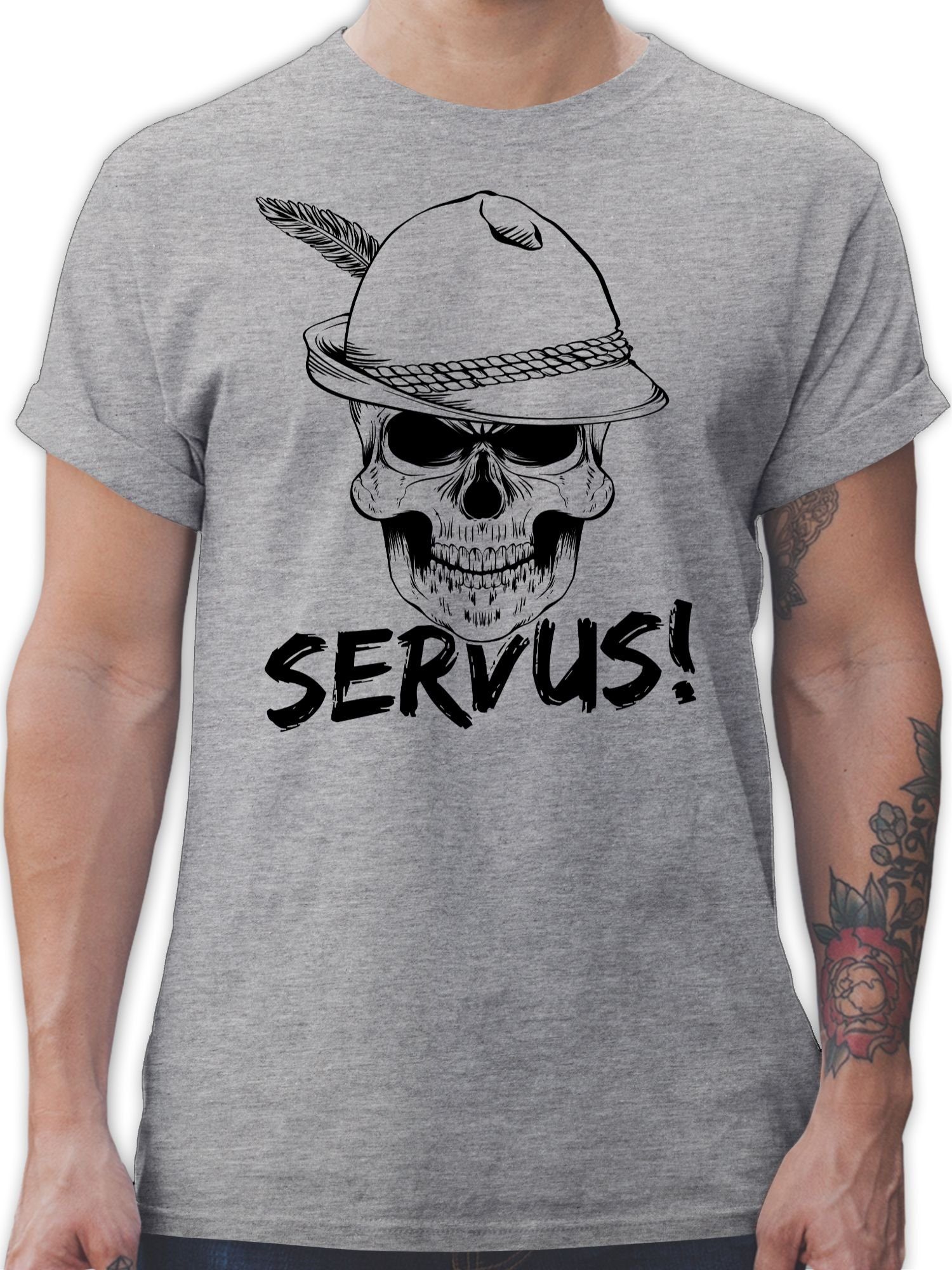 Shirtracer T-Shirt Totenkopf Servus! - schwarz Mode für Oktoberfest Herren 1 Grau meliert