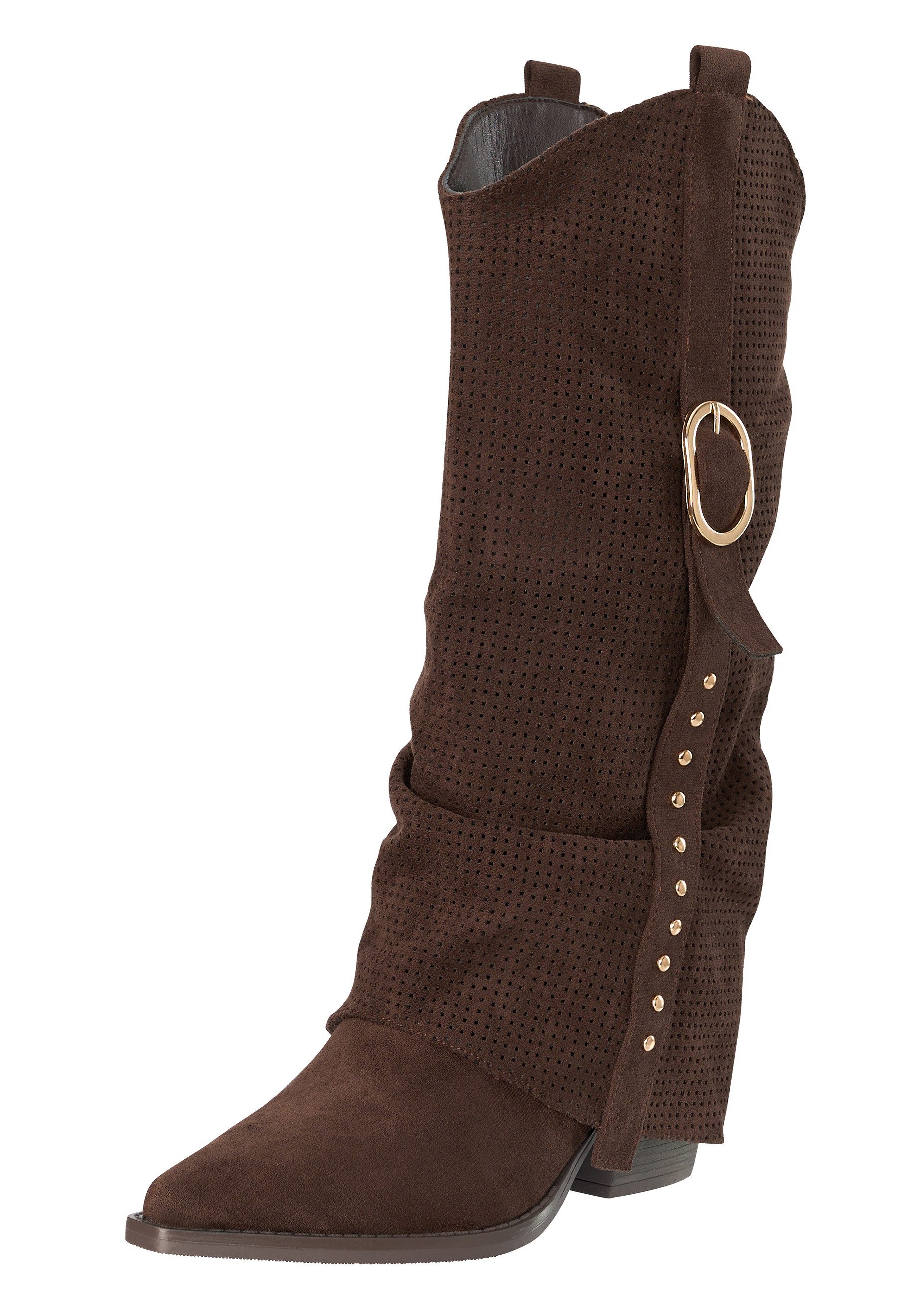 Salinyang Damen Western Boots in Veloursoptik mit gerafftem Schaft Stiefel