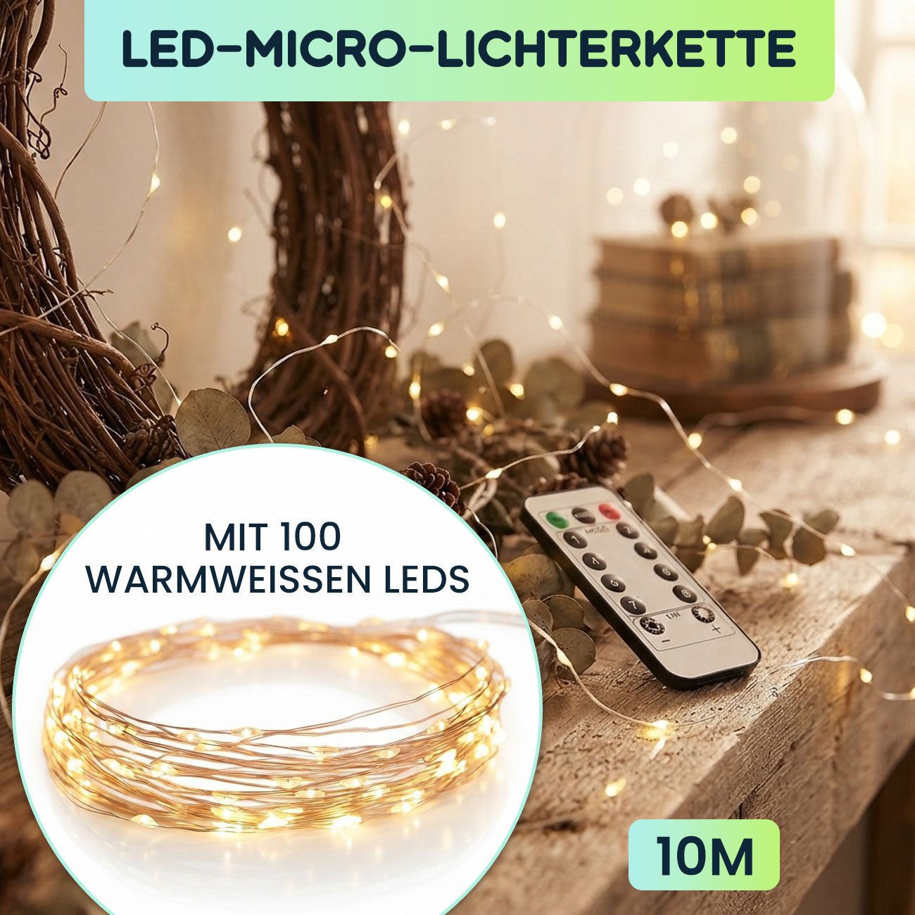 shop'n smile ideoon LED-Lichterkette LED Micro Draht Lichterkette 10m 100 LEDs Warmweiß Timer Fernbedienung, 10m Micro-Drahtlichterkette, 8 Leuchtmodi, Infrarot – Bild 2 von 5