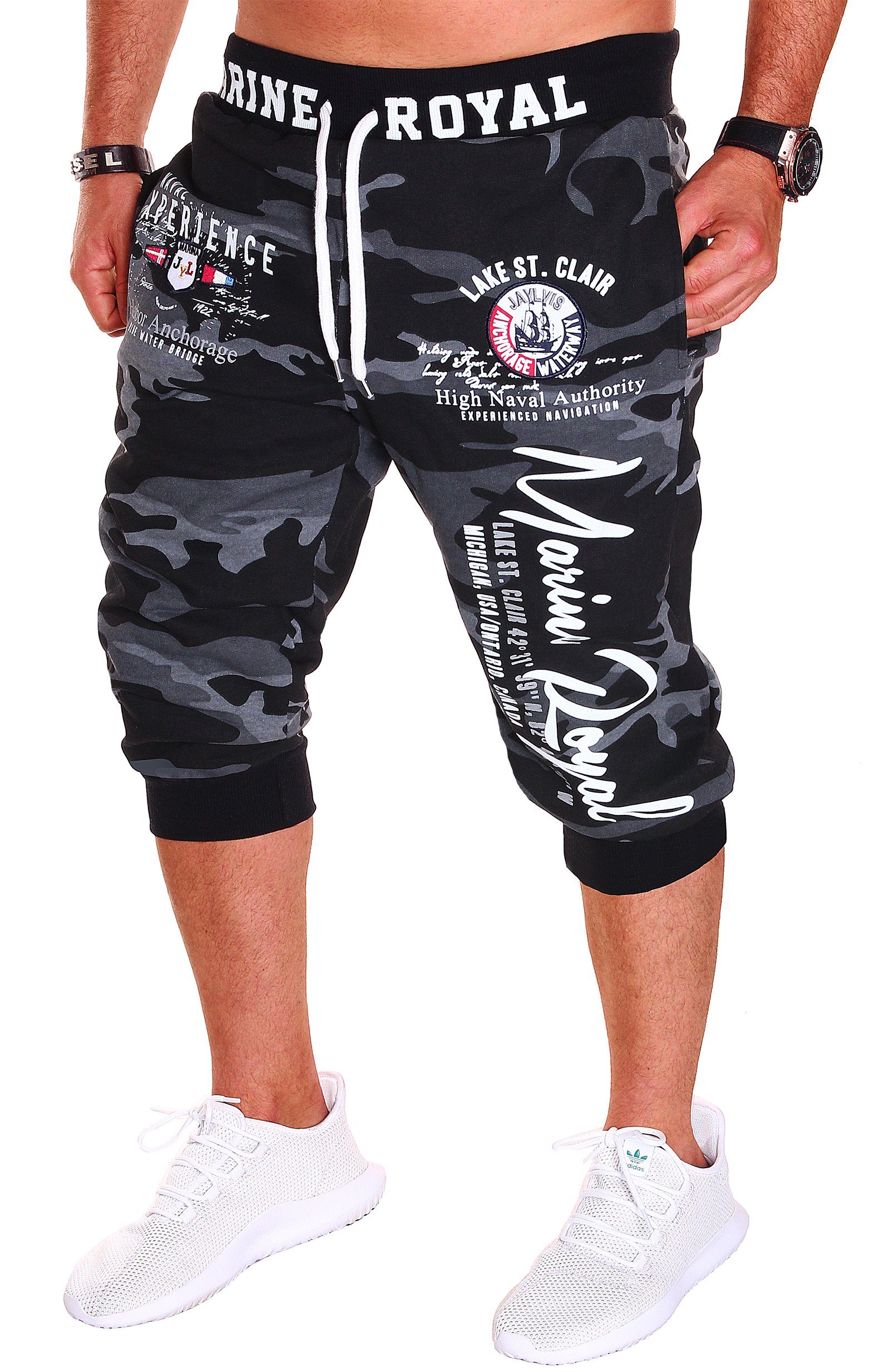 Jaylvis Bermudas Herren Short 3/4 Hose Kurze Jogginghose Sport Marine Royal Camouflage/Dunkel-Weiß