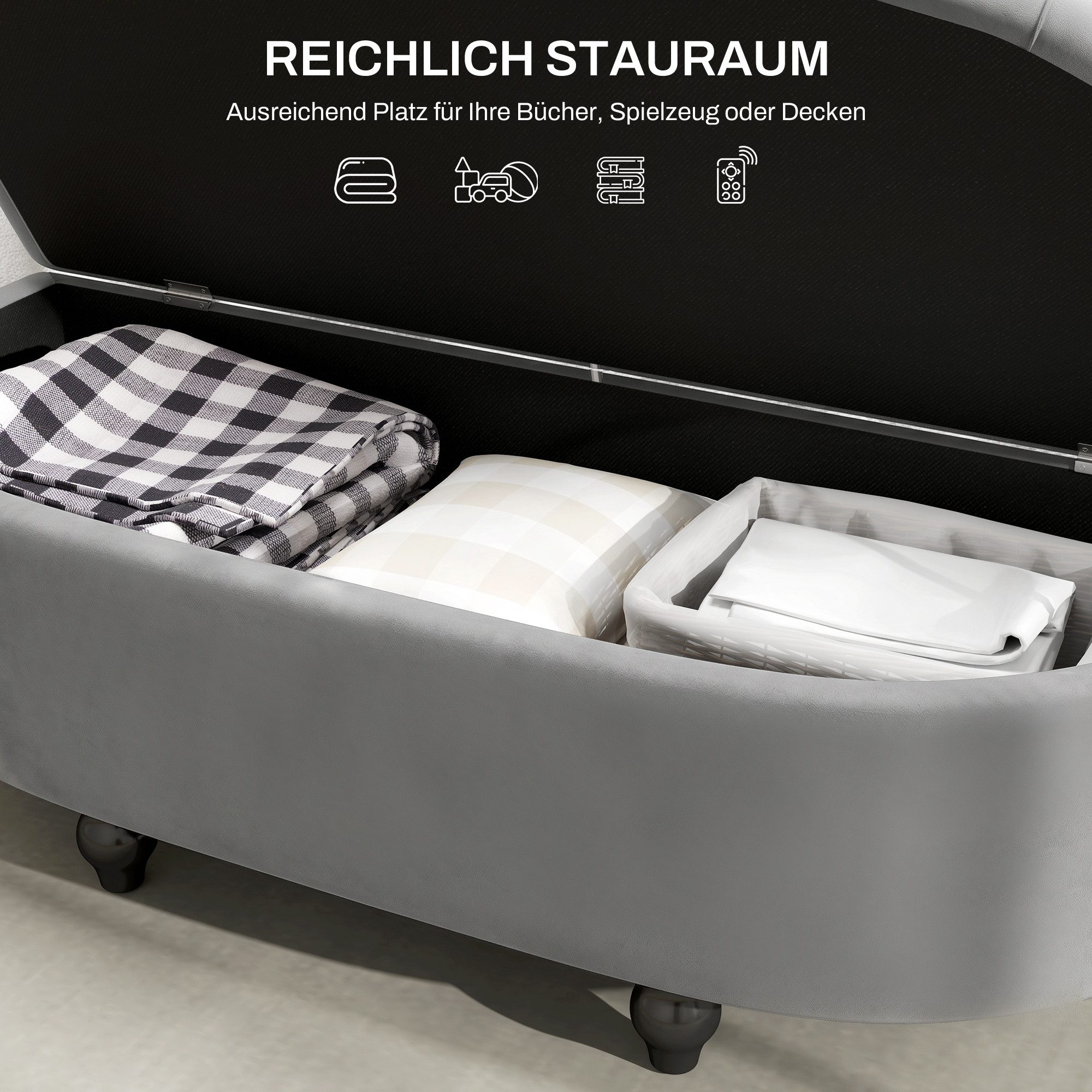 HOMCOM Sitzbank Polsterbank mit Stauraum und Samtoptik, Truhenbank (Bank, 1-St., Hocker), für Wohnzimmer, Dunkelgrau – Bild 4 von 5