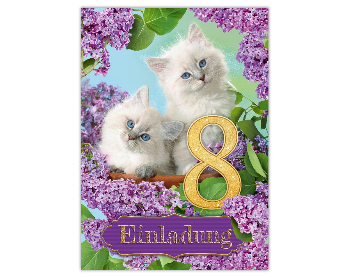 JUNAPACK Einladungskarten Katze Einladungen zum 8. Kindergeburtstag Katzen Karte Mädchen, Einladungskarten mit einem Pferd zum achten Geburtstag