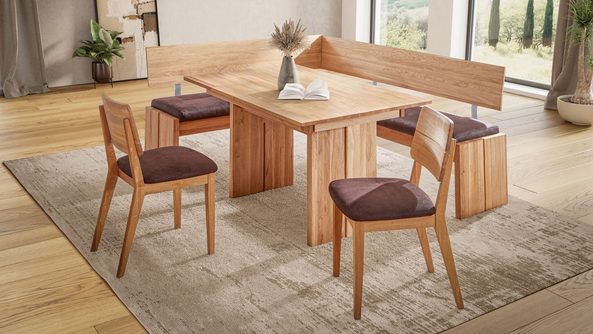 58 aufm Kessel Essgruppe Eckbankgruppe Modern Dani 1 für 7 Personen Massivholz Wildeiche/Braun, (inkl. Versand, Lieferung bis Verwendungsstelle), Sitzgruppe mit Eckbank, Wangentisch und 2 Stühlen hochwertig+langlebig