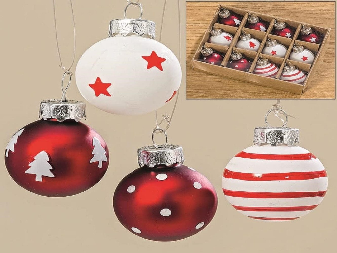 BOLTZE GRUPPE GmbH Weihnachtsbaumkugel Christbaumkugel Weihnachtsbaumkugel Glas rot/weiß Ø 3 cm 12 tlg