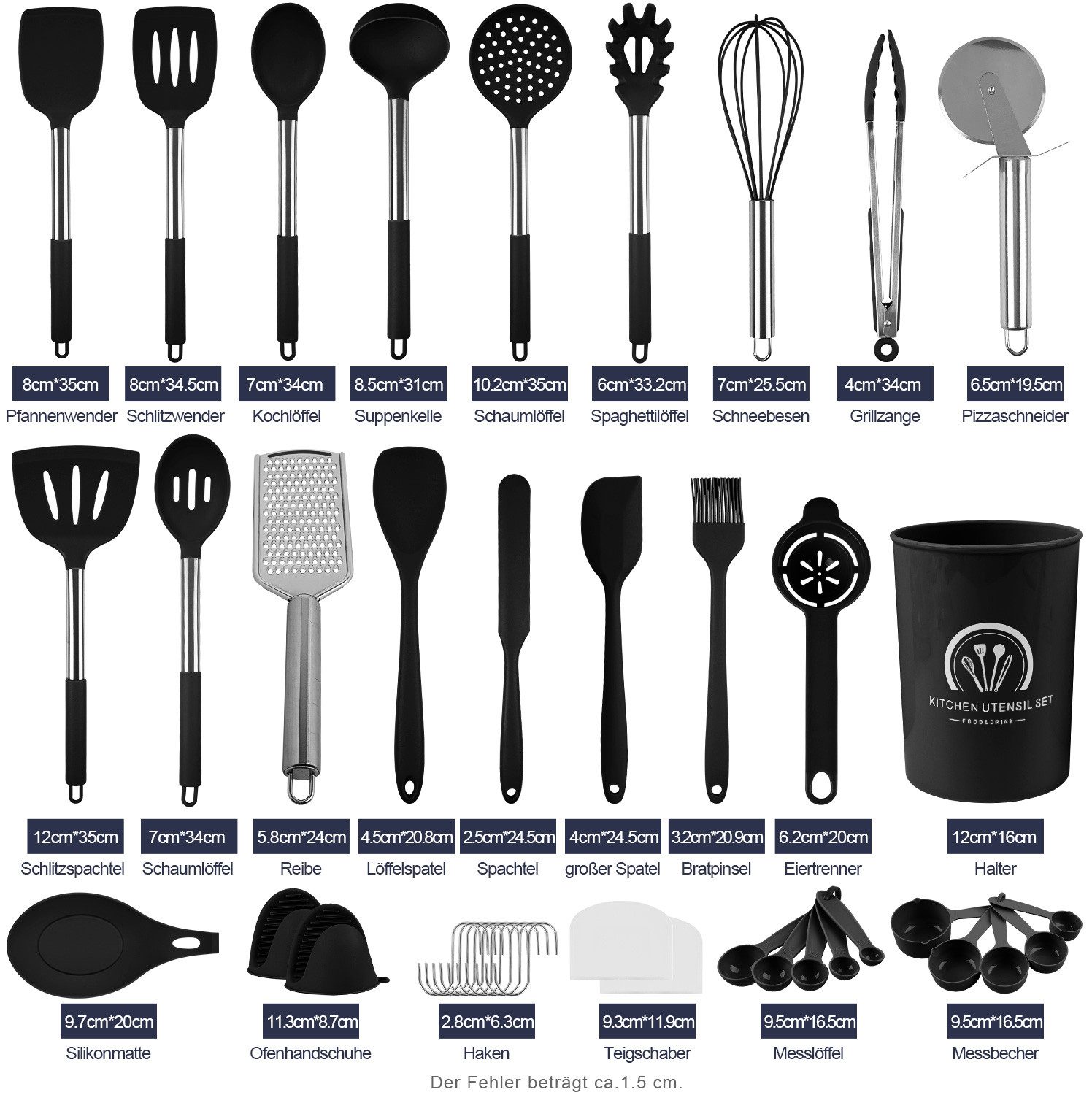 ElitVita Kochbesteck-Set 45er Küchenhelfer Set,Spülmaschinengeeignet küchenutensilien set (45-tlg., Lebensmittelklammer, Suppenlöffel, Bratspatel, Puderkralle, Spatel), Kochbesteck set für Kochen Braten Schöpfen Mischen und Backen