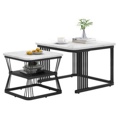 yozhiqu Couchtisch Set aus 2 modernen Beistelltischen, schwarz matt Stahlrohre (2er-Set), Marmoroptik, 2 Tische mit den Maßen 65x65x45 cm und 45x45x39,5 cm.