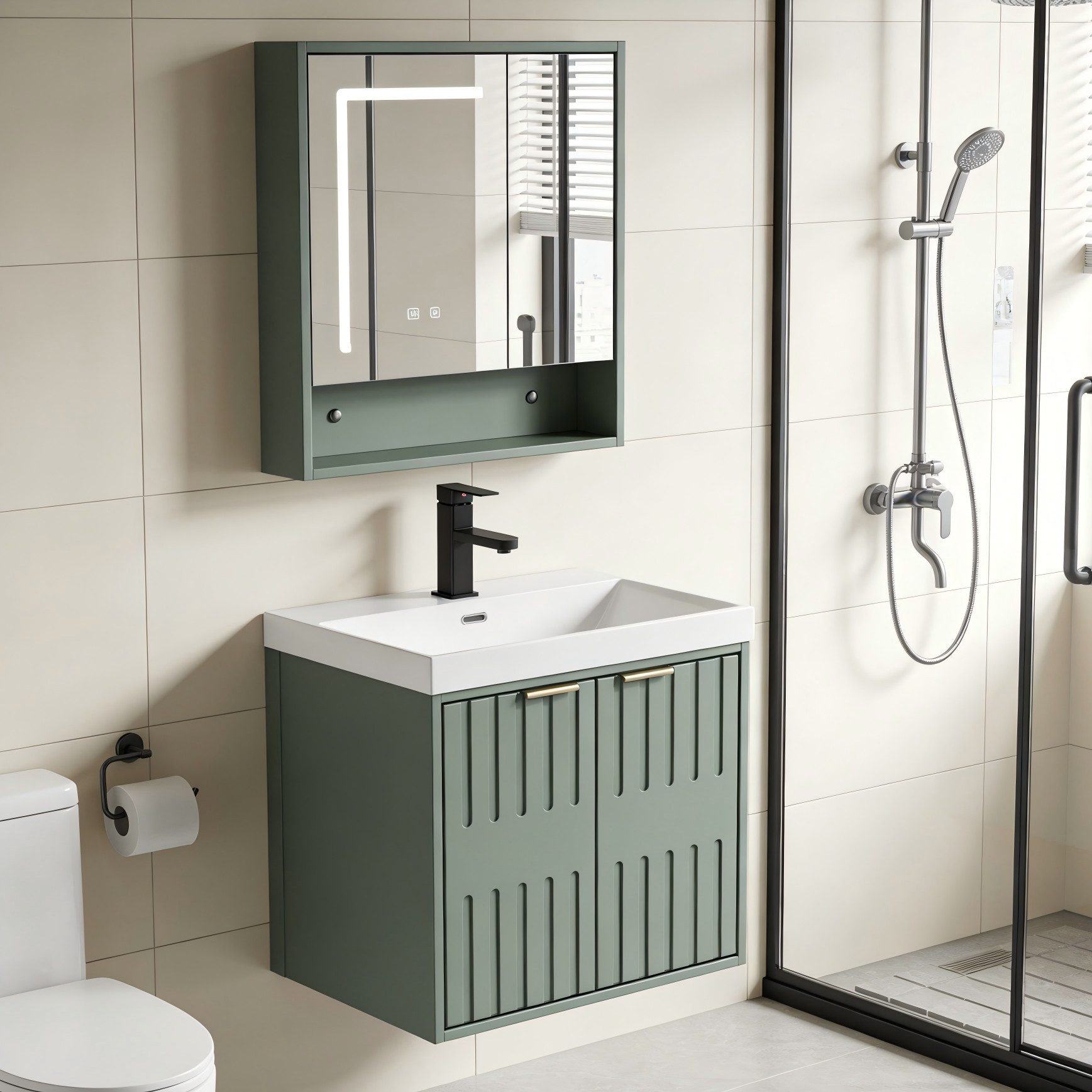 UEV Waschtisch klein Waschbecken mit Unterschrank set Badmöbel Gäste-WC hängend 49cm (Waschplatz ausreichend Stauraum,Badmobel Set fur Badezimmer, Unterschrank mit Harzbecken Wasserhahn Pop-up-Ablassventil)