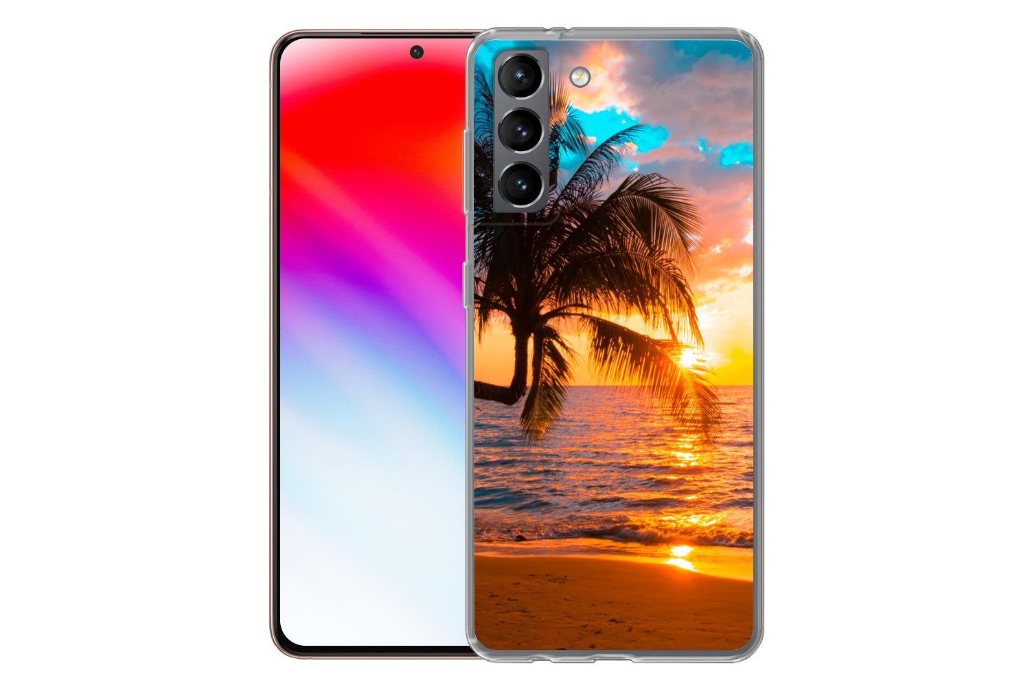 MuchoWow Handyhülle für Samsung Galaxy S21 Palme - Sonnenuntergang - Horizont - Strand - M, Phone Case, Silikon, Schutzhülle Dünn