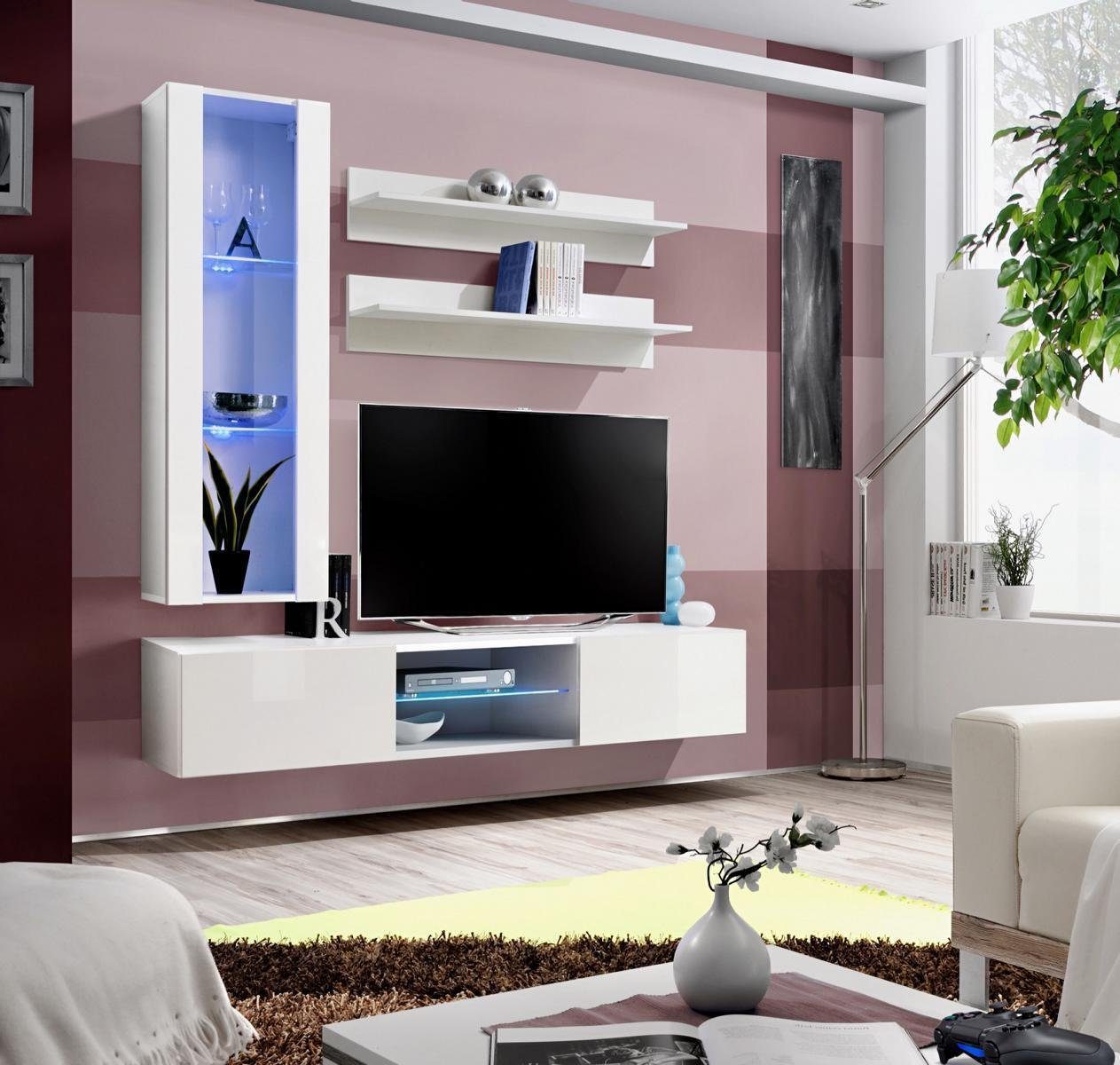 JVmoebel Wohnzimmer-Set Moderne Wohnwand TV-Ständer Wandschrank Wand Regale Wohnzimmer, (5-St., 1x Wohnwand + 1x TV Ständer + 1x Hänge Vitrine + 2x Wandregal), Made in Europa