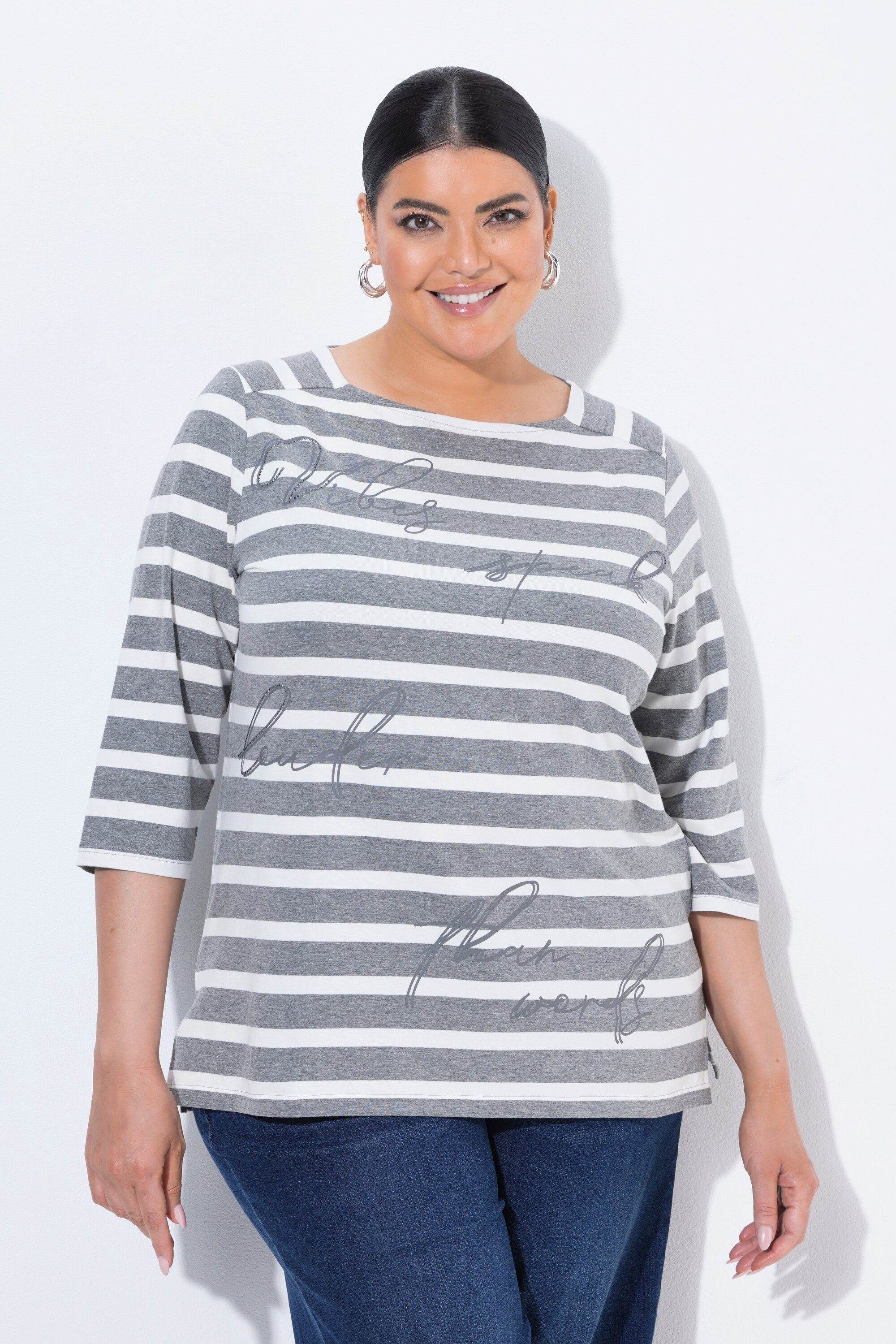 Ulla Popken T-Shirt Shirt Streifen Oversized Carré-Ausschnitt 3/4-Arm