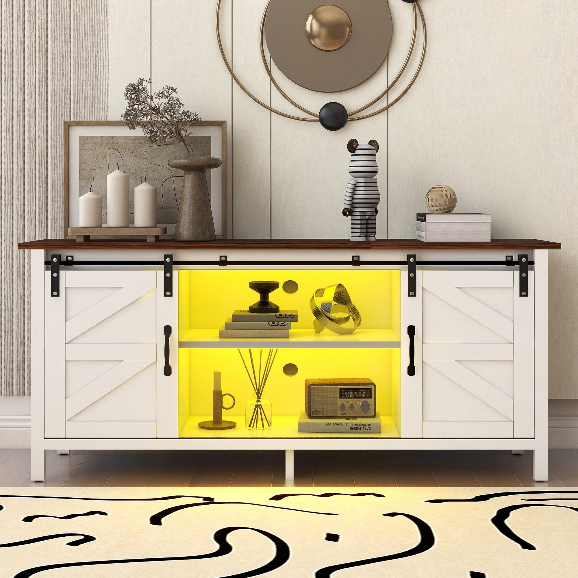 HAUSS SPLOE TV-Schrank Großer TV-Schrank TV Stand Fernsehschrank Sideboard niedriger Schrank (Entertainment Center TV Stand mit 2 Schiebetüren) Einstellbare Regale, TV Ständer Weiß+Braun