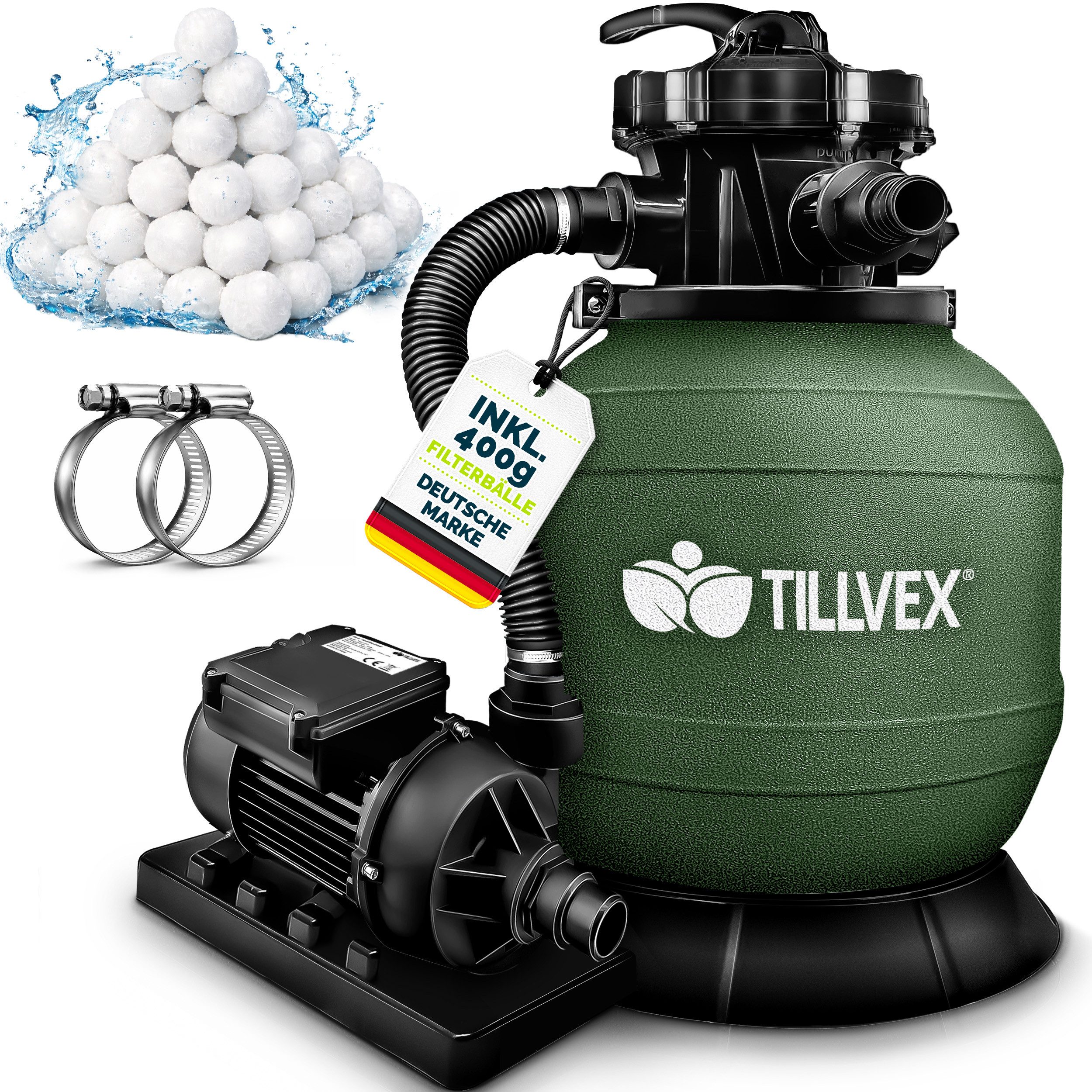 tillvex Sandfilteranlage Sandfilteranlage 7.900L/h + 400g Filterbällen (Set, + Pumpe Filteranlage 7-Wege Ventil & 2in1 Adapter Ø32mm - 38mm), Poolfilter mit Druckanzeige Sandfilter Schwimmbecken