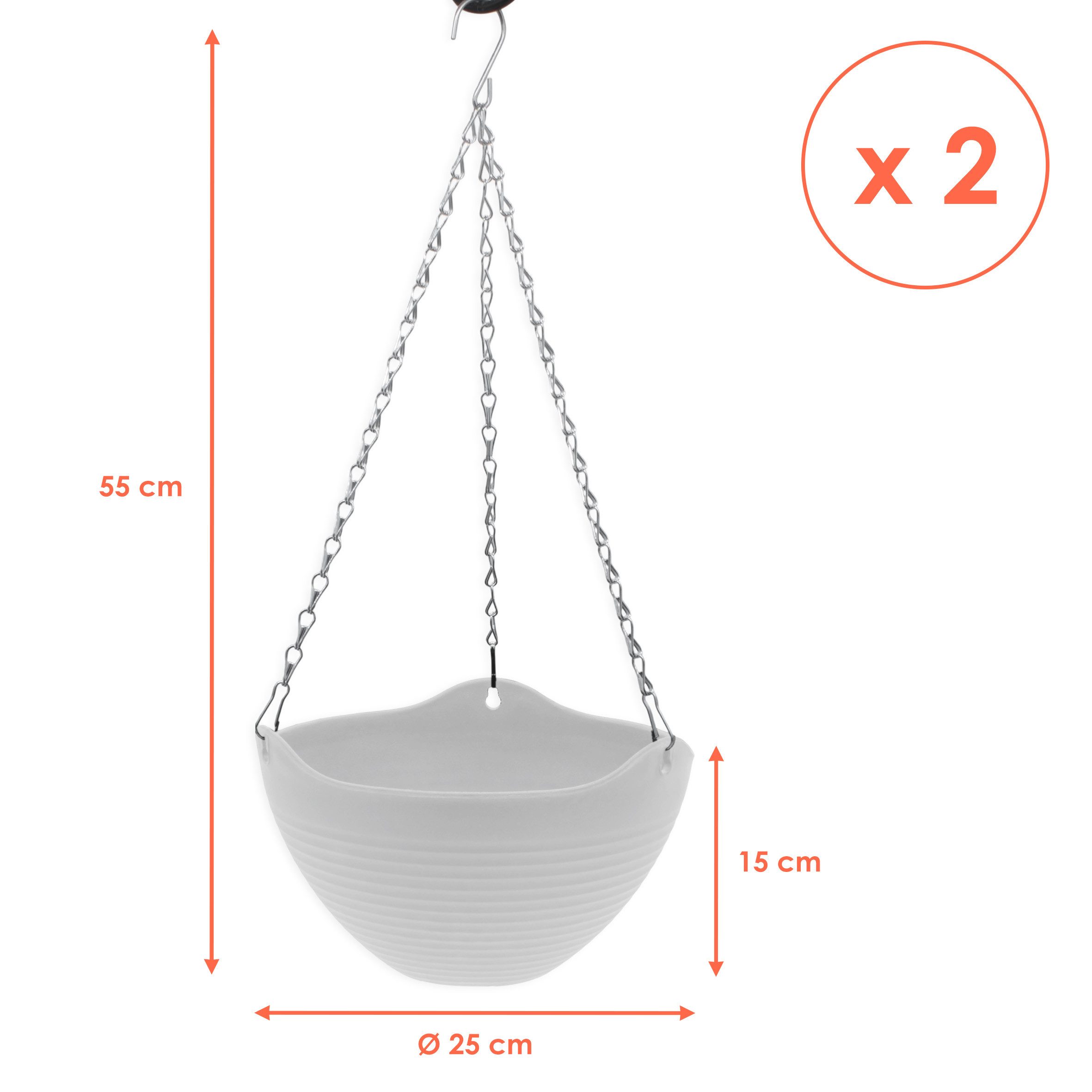Spetebo Blumenampel Hängeampel mit Rillen Struktur 25 cm - 2er Set (Anzahl, 1 St., Set), eingearbeitete Drainage mit Verschluss-Stopfen – Bild 2 von 5