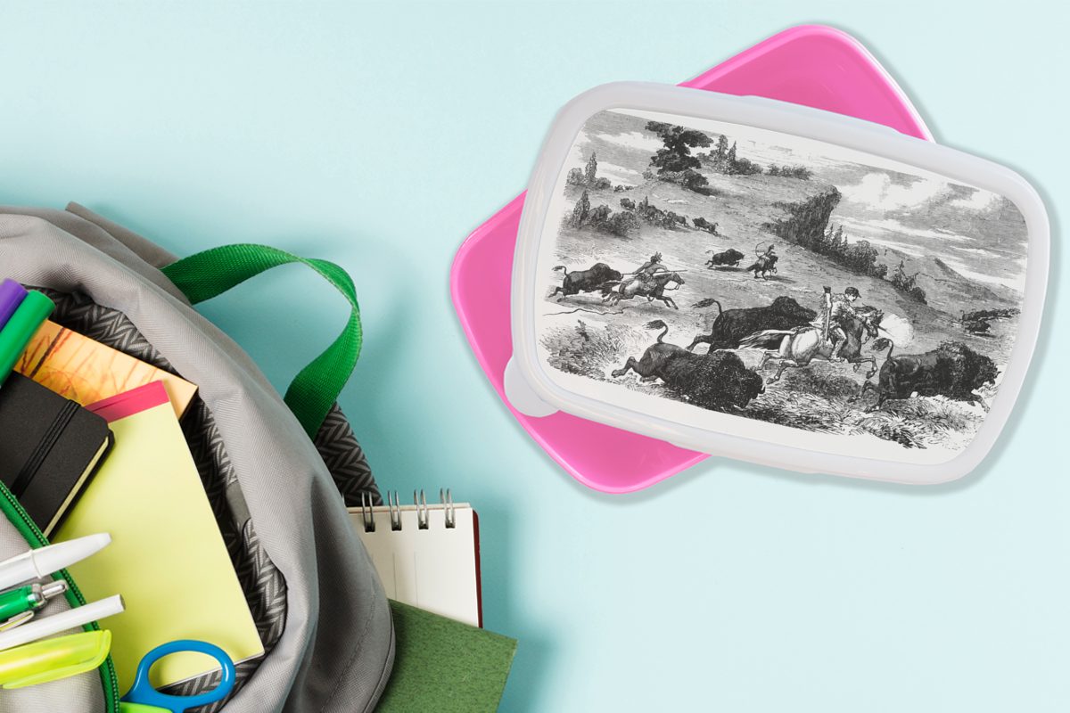 MuchoWow Lunchbox Eine Illustration Mädchen, der rosa Kinder, Brotdose Bisonjagd, Kunststoff Snackbox, Brotbox Kunststoff, (2-tlg), für Erwachsene