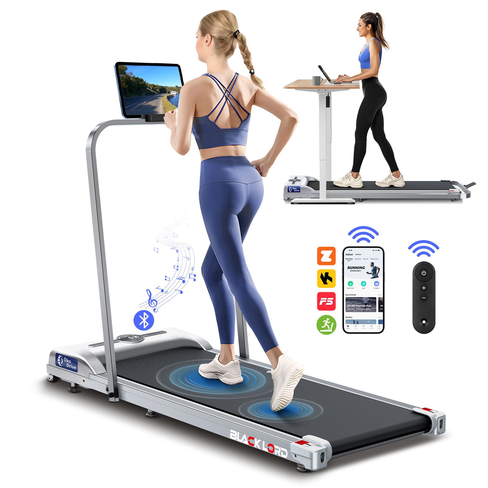 BLACK LORD Laufband für Zuhause, Walking Pad, Klappbares Untertisch-Laufband mit Armlehne (119 x 48,5 x 103 cm, 1-tlg), mit Bluetooth, Fernbedienung, Lautsprecher, 1-12km/h
