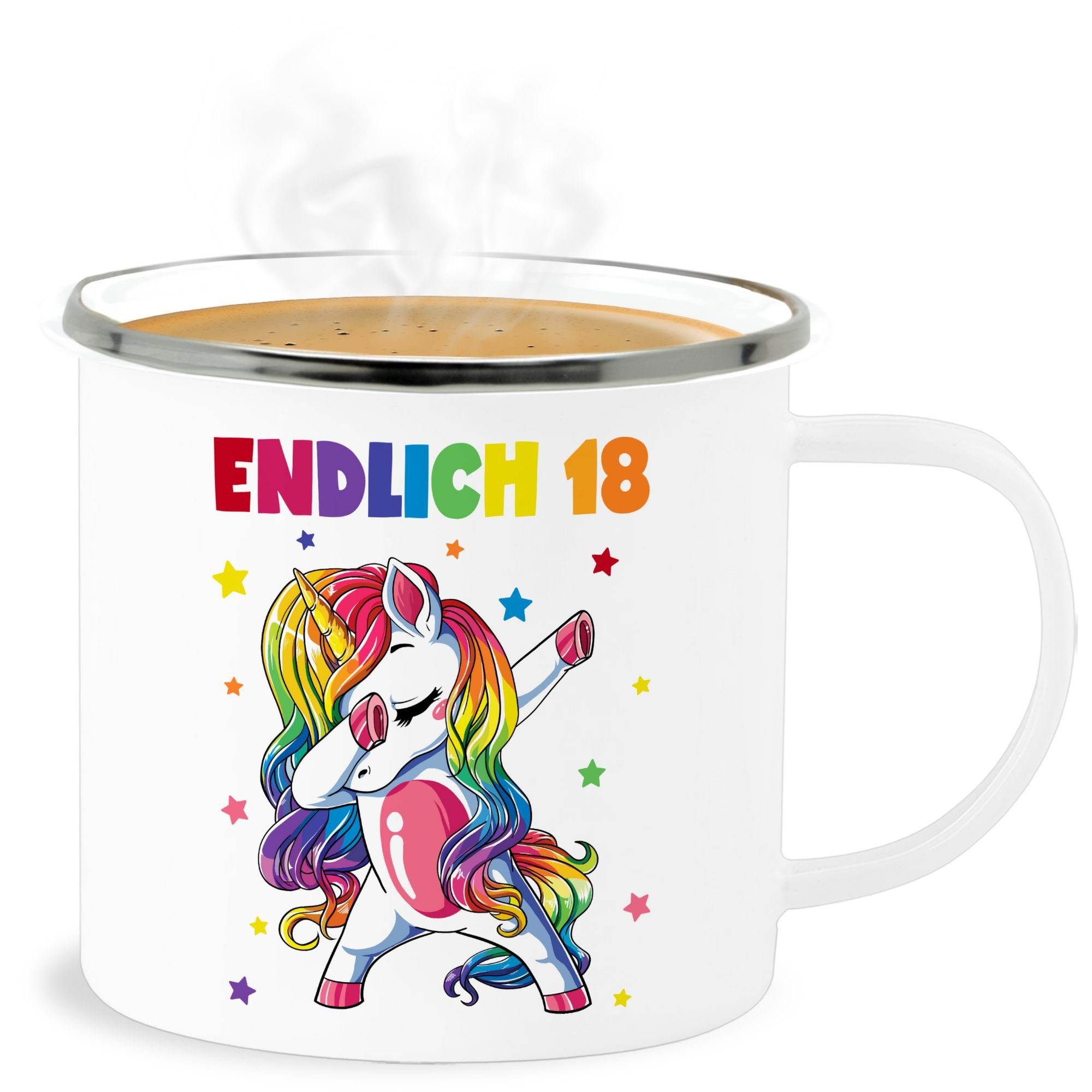 Shirtracer Becher Endlich 18 Jahre - Achzehn Jahre Dabbing Einhorn, Stahlblech, 18. Geburtstag Tasse 2 Weiß Silber